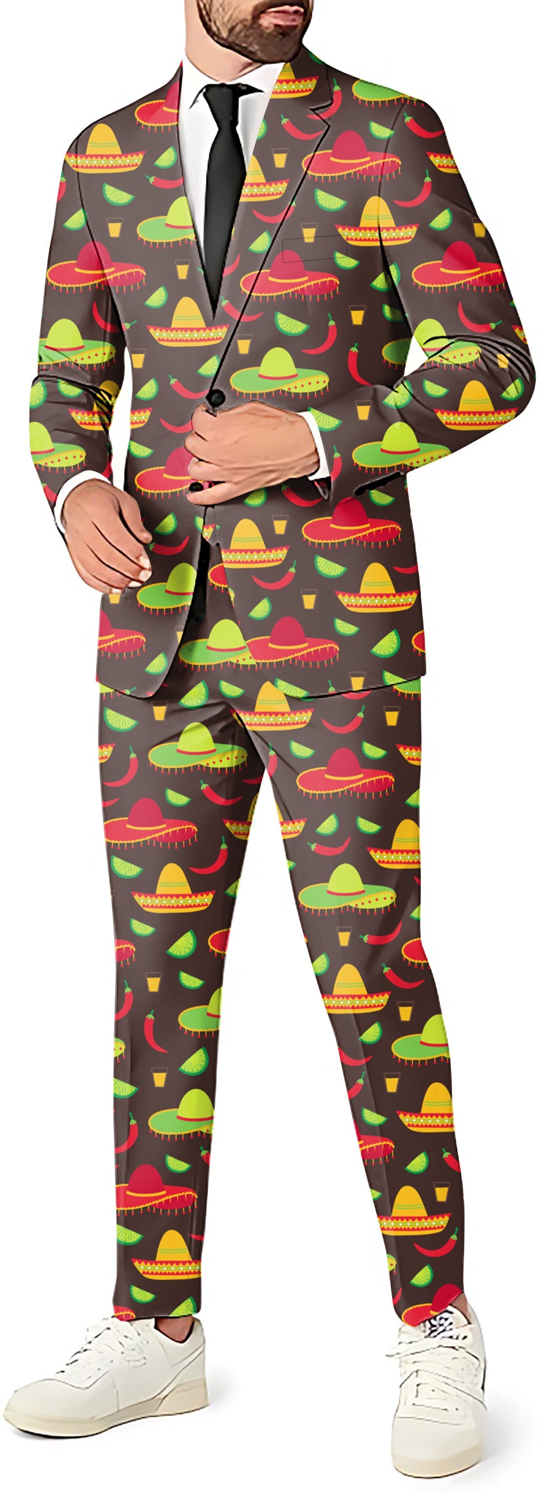 Taco Tuesday Men's party suit with colorful sombrero and chili pepper print blazer, pants, and vest set