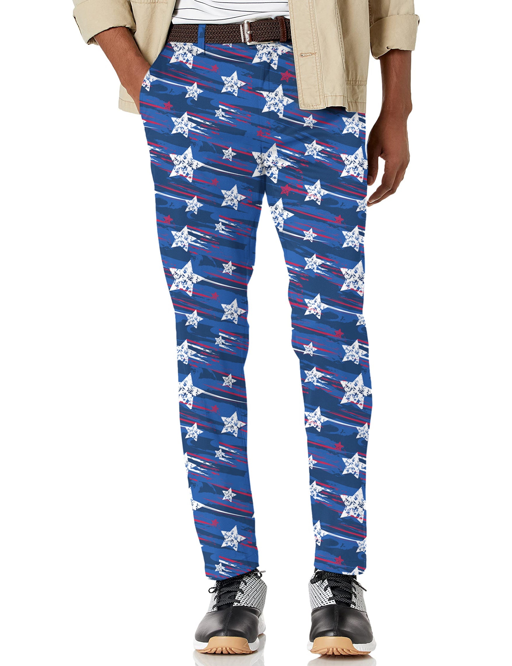 Men's American Star stretch golf pants with moisture-wicking fabric and patriotic star design