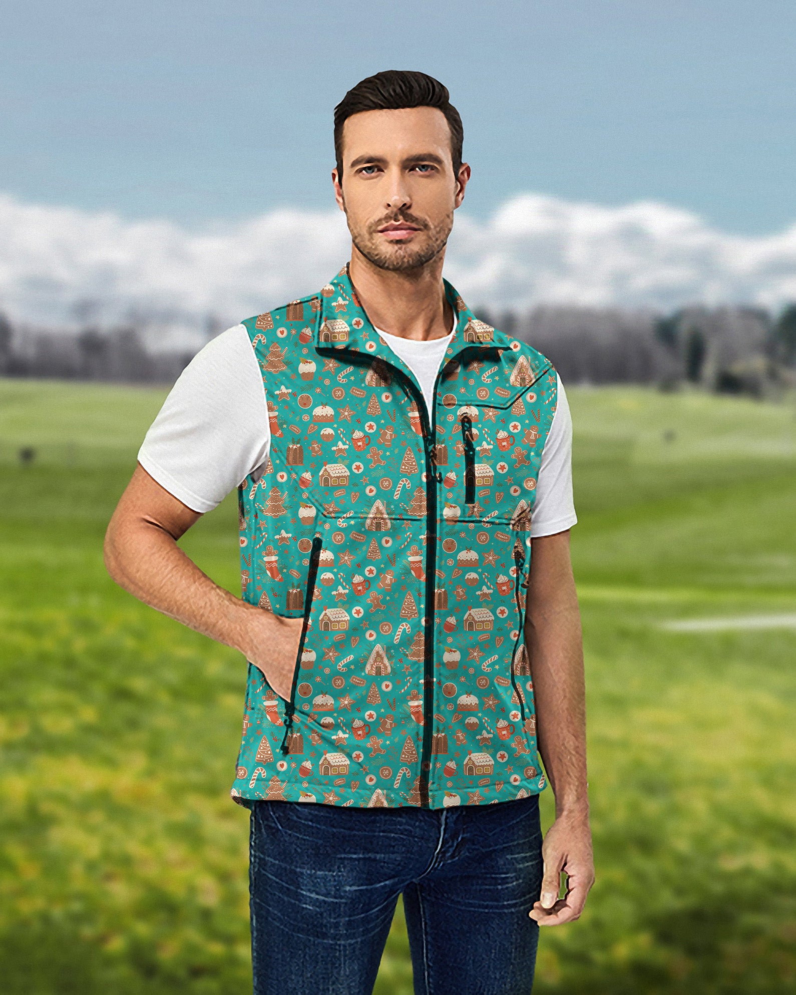 Men's Green Christmas Candy House Lightweight Softshell Vest Sleeveless Jacket for Golf Windproof Waterproof