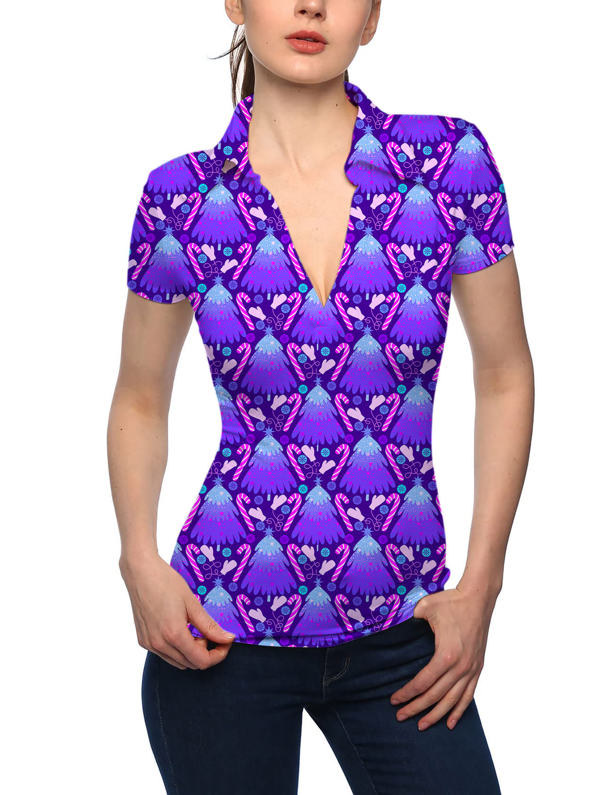 Women's Magical Christmas Tree V Neck Golf Polo