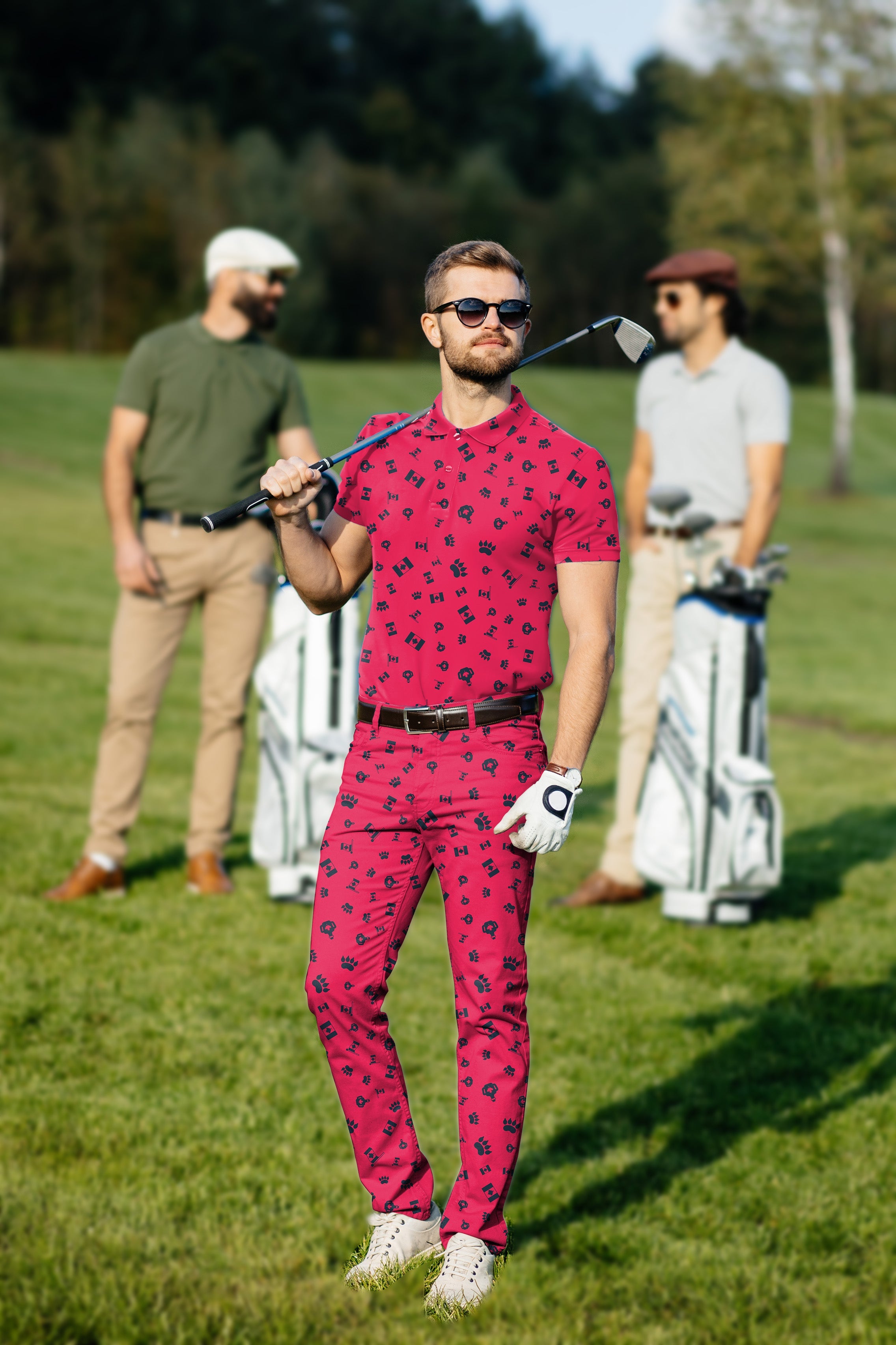 Men's golf set polo and pants with Canadian flag paw print on golf course