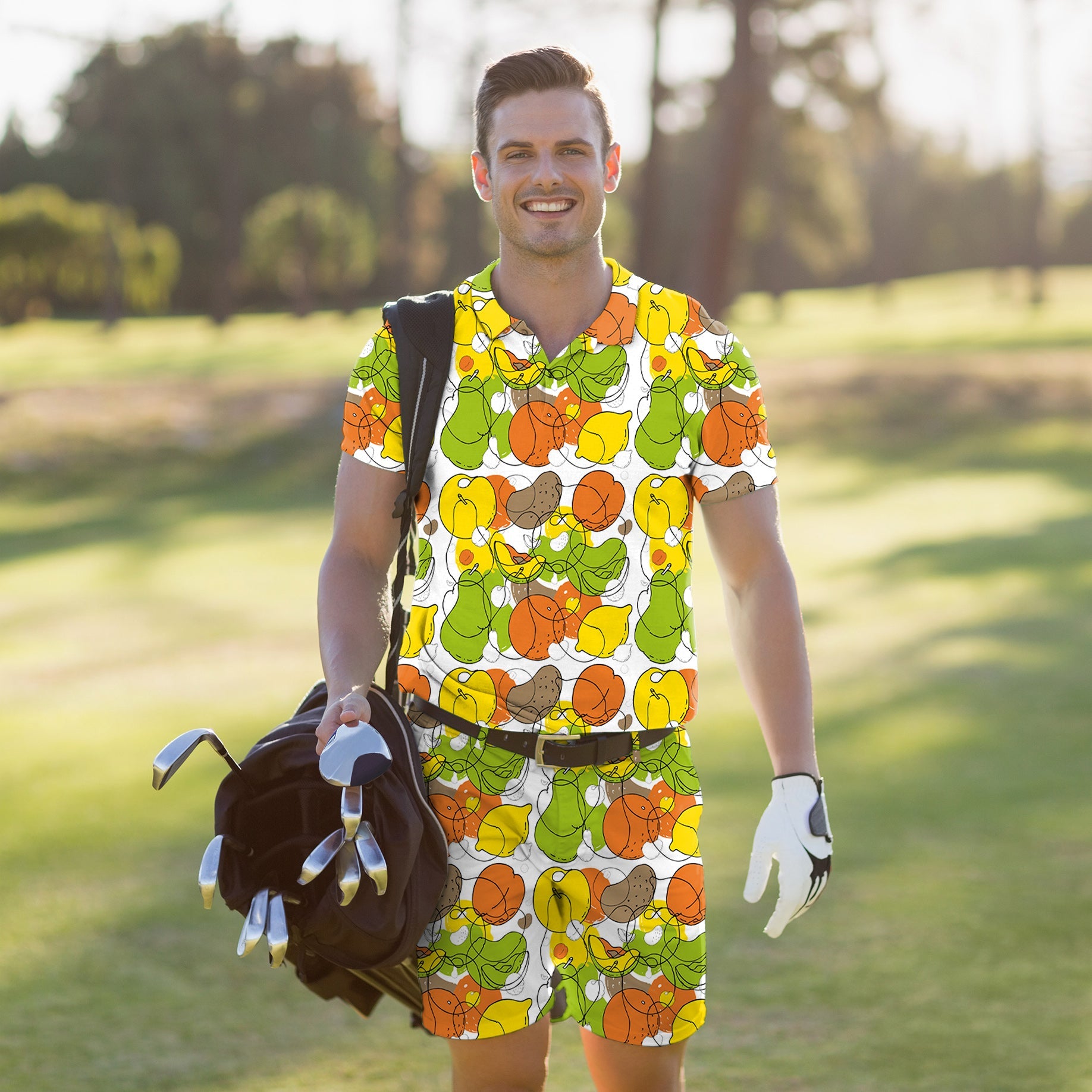 Men's golf set polo and shorts with colorful fruit print, moisture-wicking, UPF 40+, four-way stretch, wrinkle-resistant fabric.