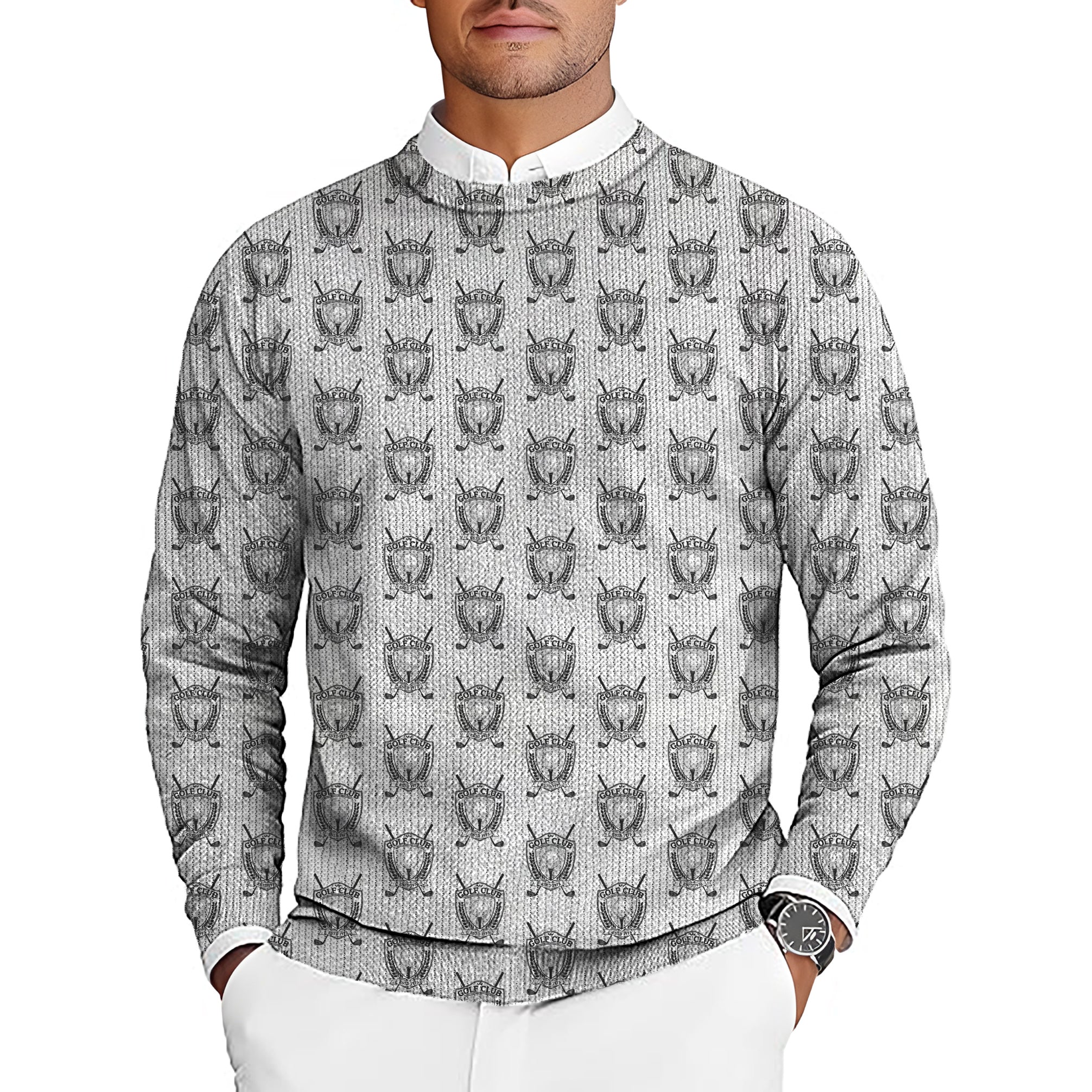 Golf Club Men's gray crewneck pullover sweater with golf-themed pattern