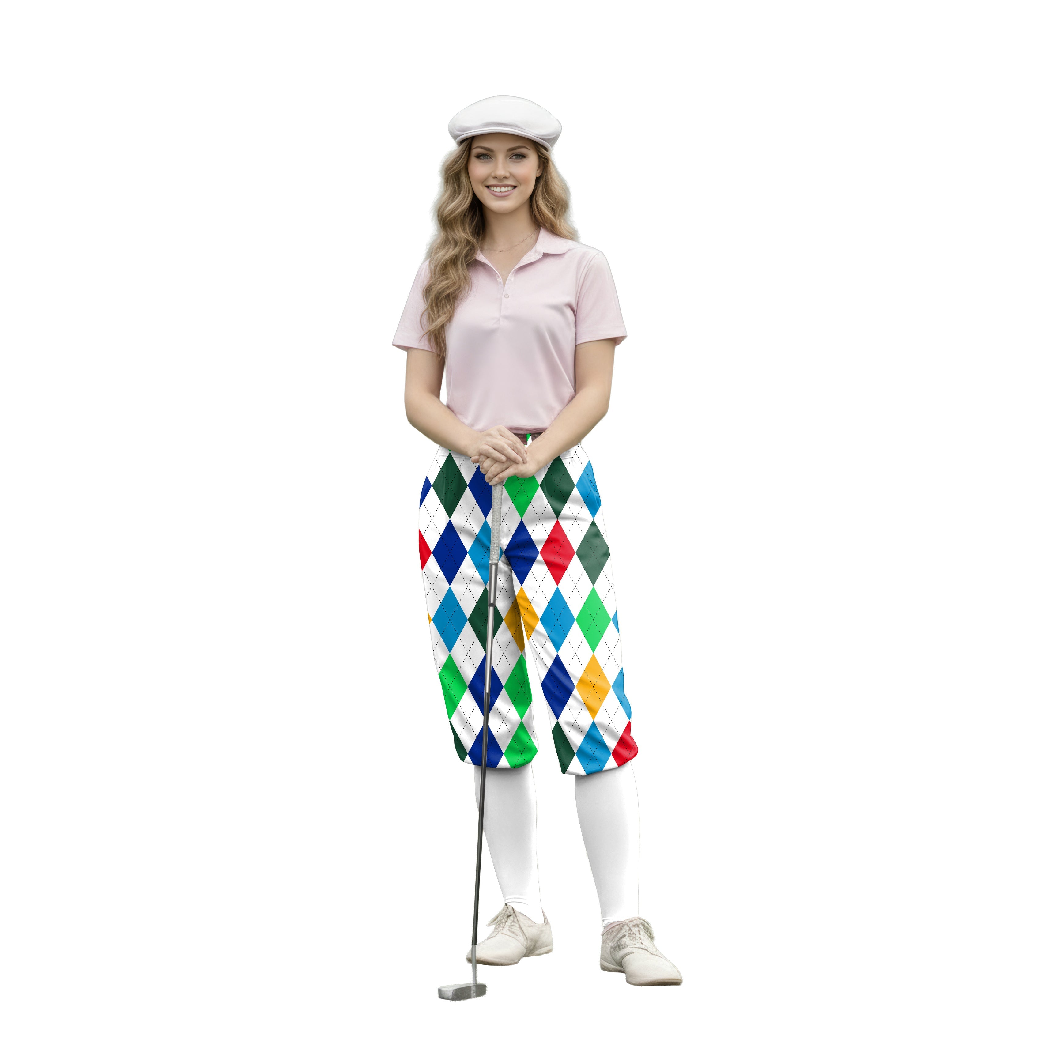 Woman wearing argyle colorful womens golf knickers with a pink polo shirt and white golf cap holding a putter