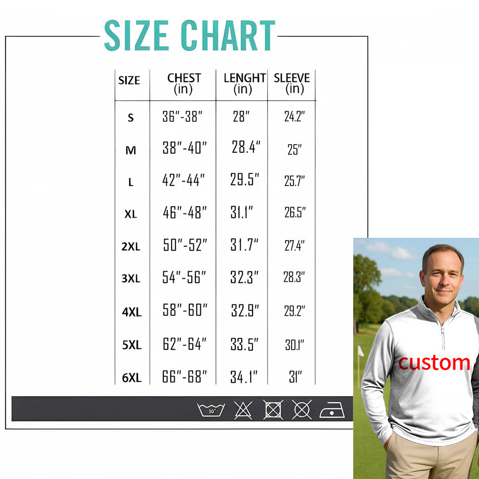 Valentine's Day custom photo face purple golf active 3/4 zip top with long sleeves size chart and man modeling white mock collar top outdoors