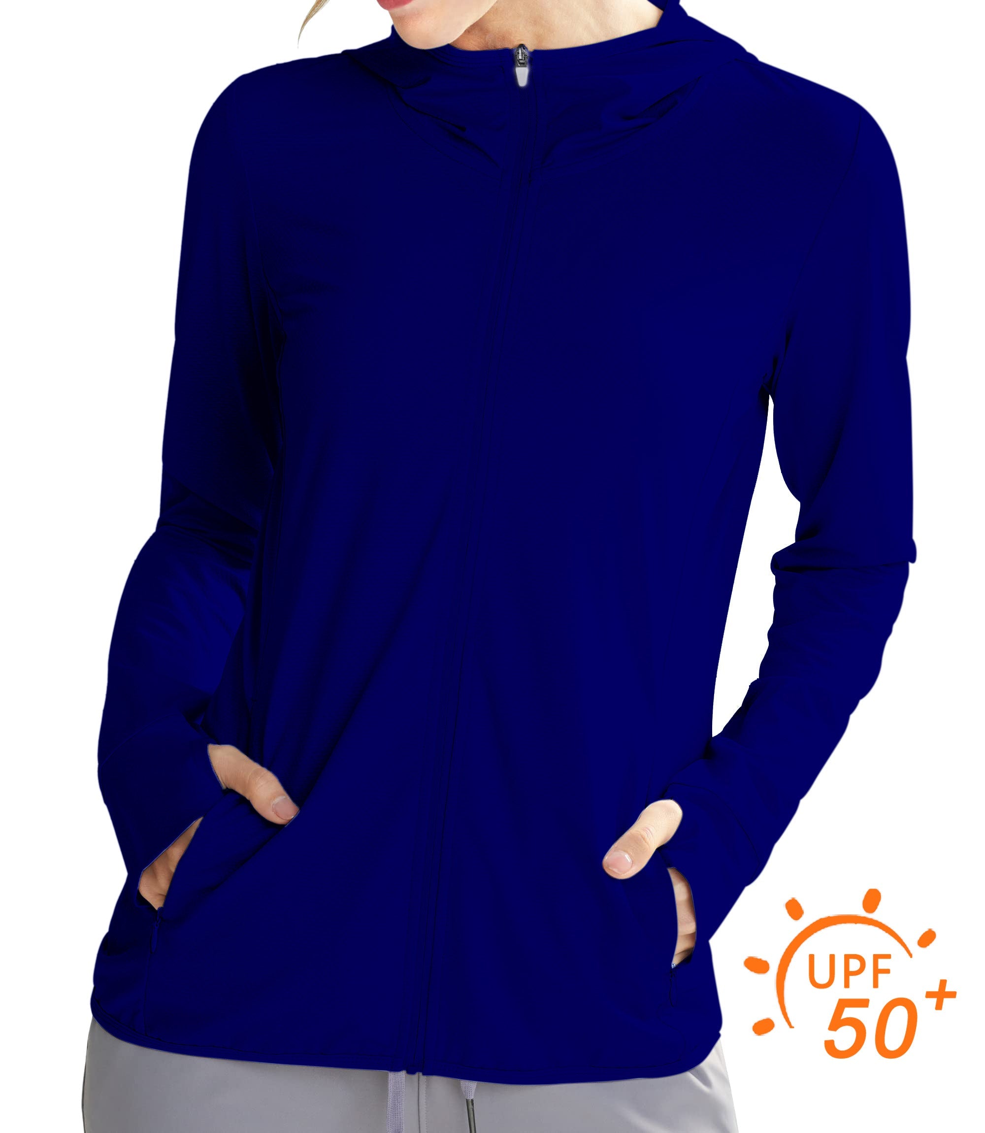 Women's outdoor slim fit navy golf sun protection zip hoodie with UPF 50+