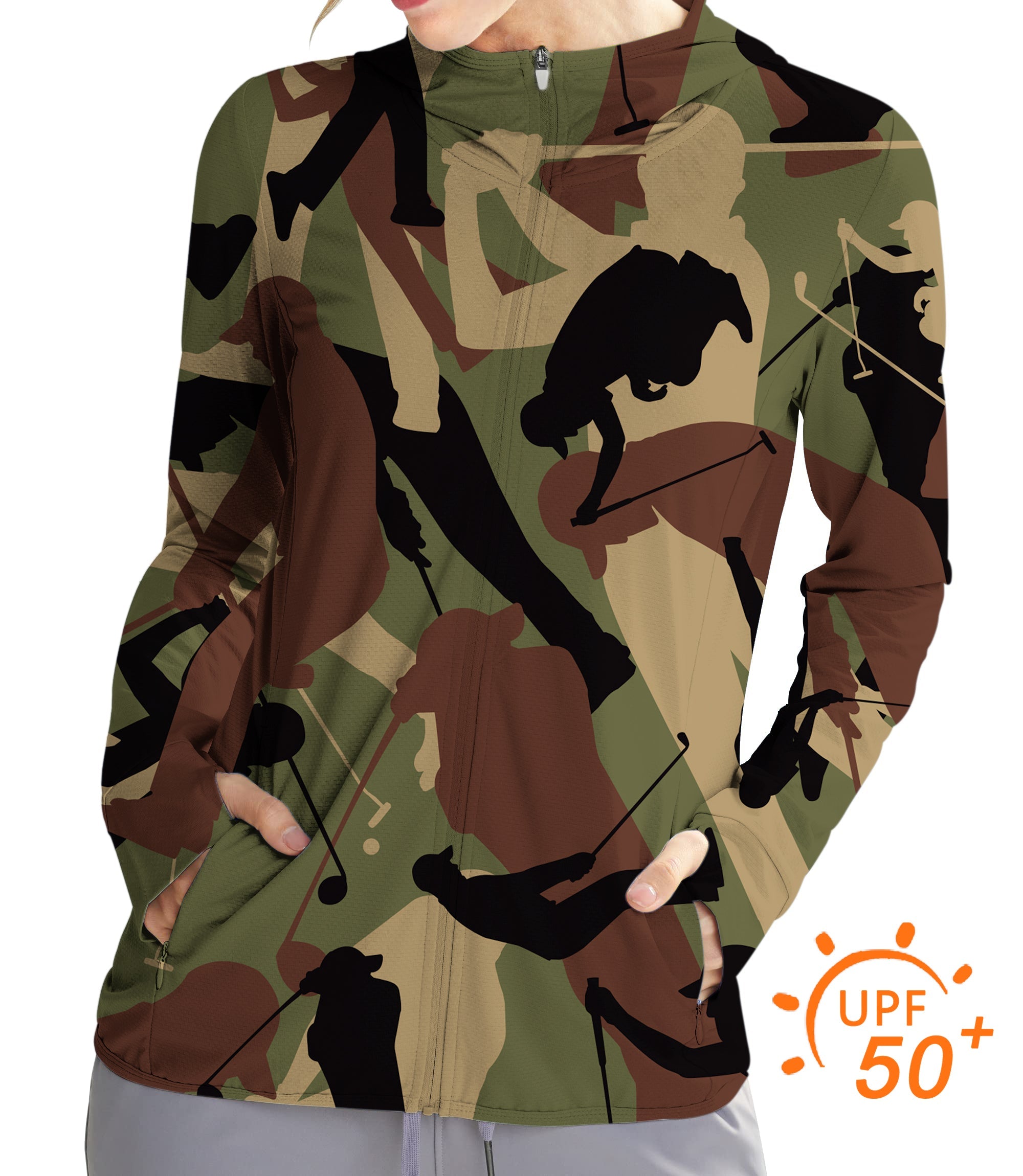 Women's outdoor army green camo zip hoodie with golf silhouette design and UPF 50+ sun protection