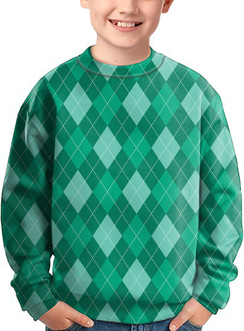 Kids green argyle crewneck pullover ugly sweater with diamond pattern