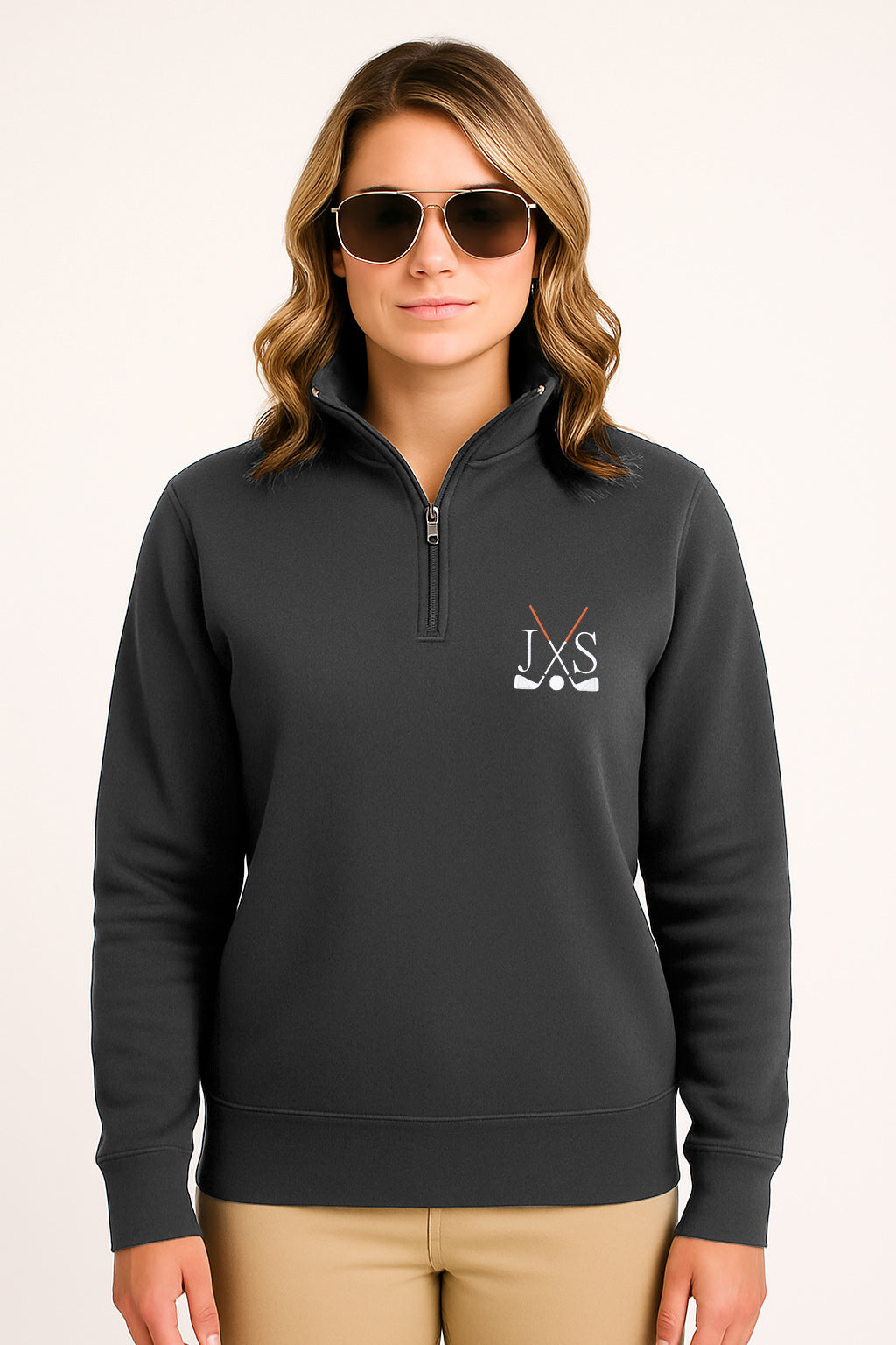 Plus size black embroidery solid color high neck women's hoodie with golf club and initials design