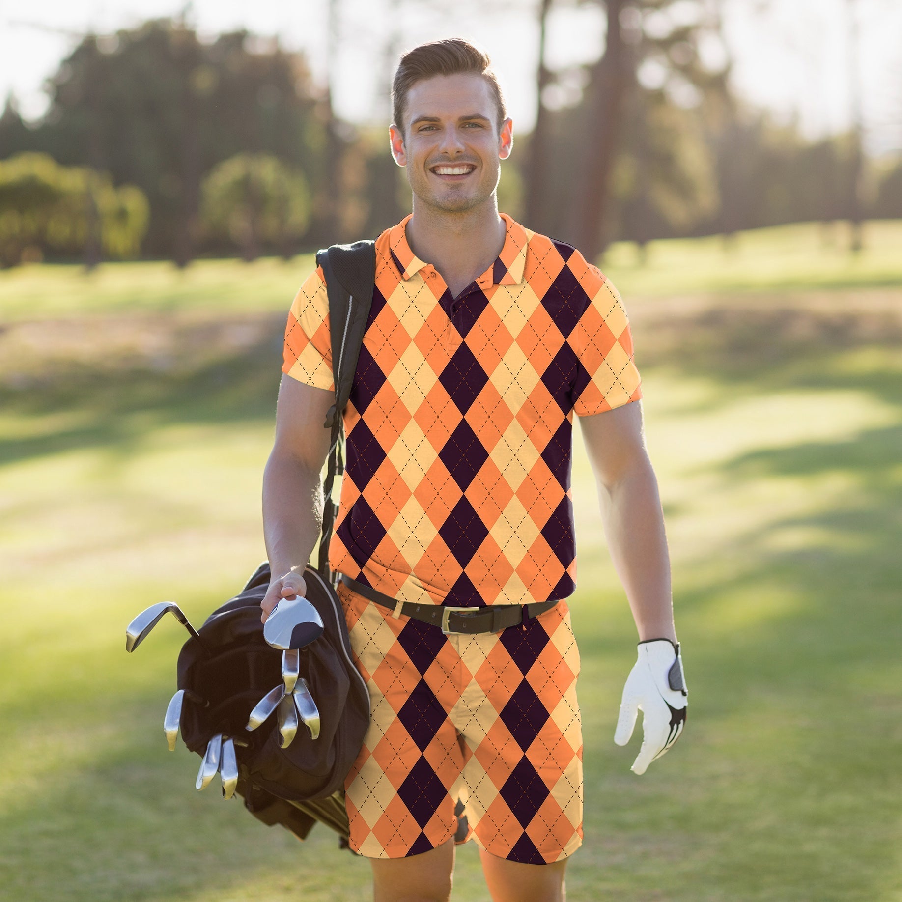 Men's golf set polo and shorts in black, light yellow, and orange argyle pattern, moisture-wicking and wrinkle-resistant fabric.