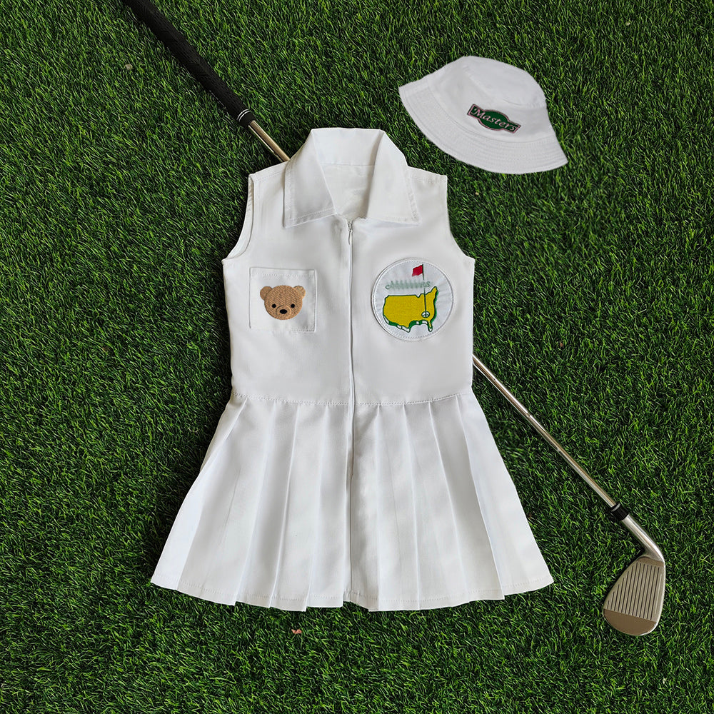 Personalized Golf Toddler Caddy Dress Infant Golf White Outfit Baby Golf 1st Birthday Dress Machine Embroidered Golf Dress Children's Jumpsuit With Hat