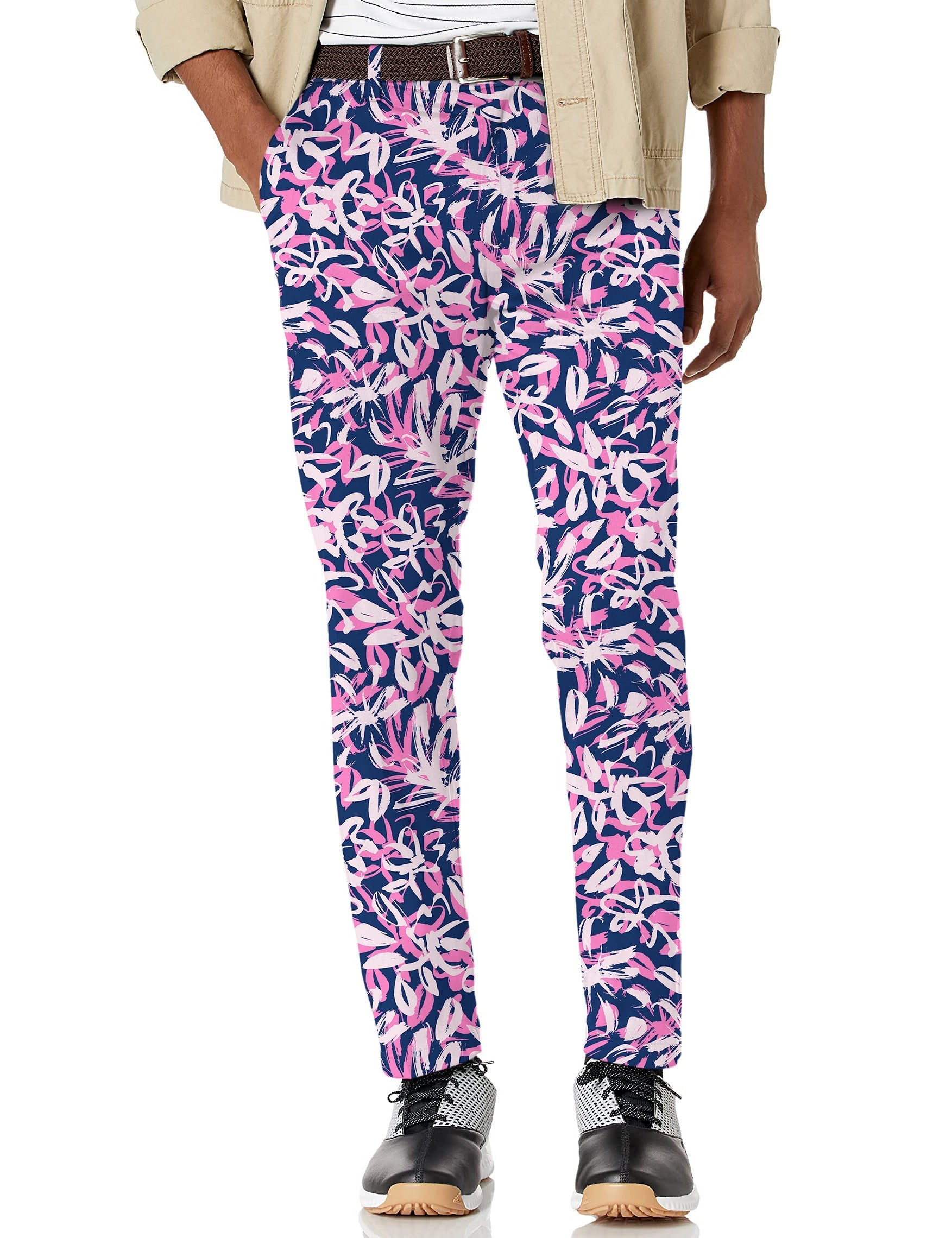 Men's Draw Flowers Stretch Golf Pants with pink and white floral print, lightweight and moisture-wicking fabric designed for comfort and performance.