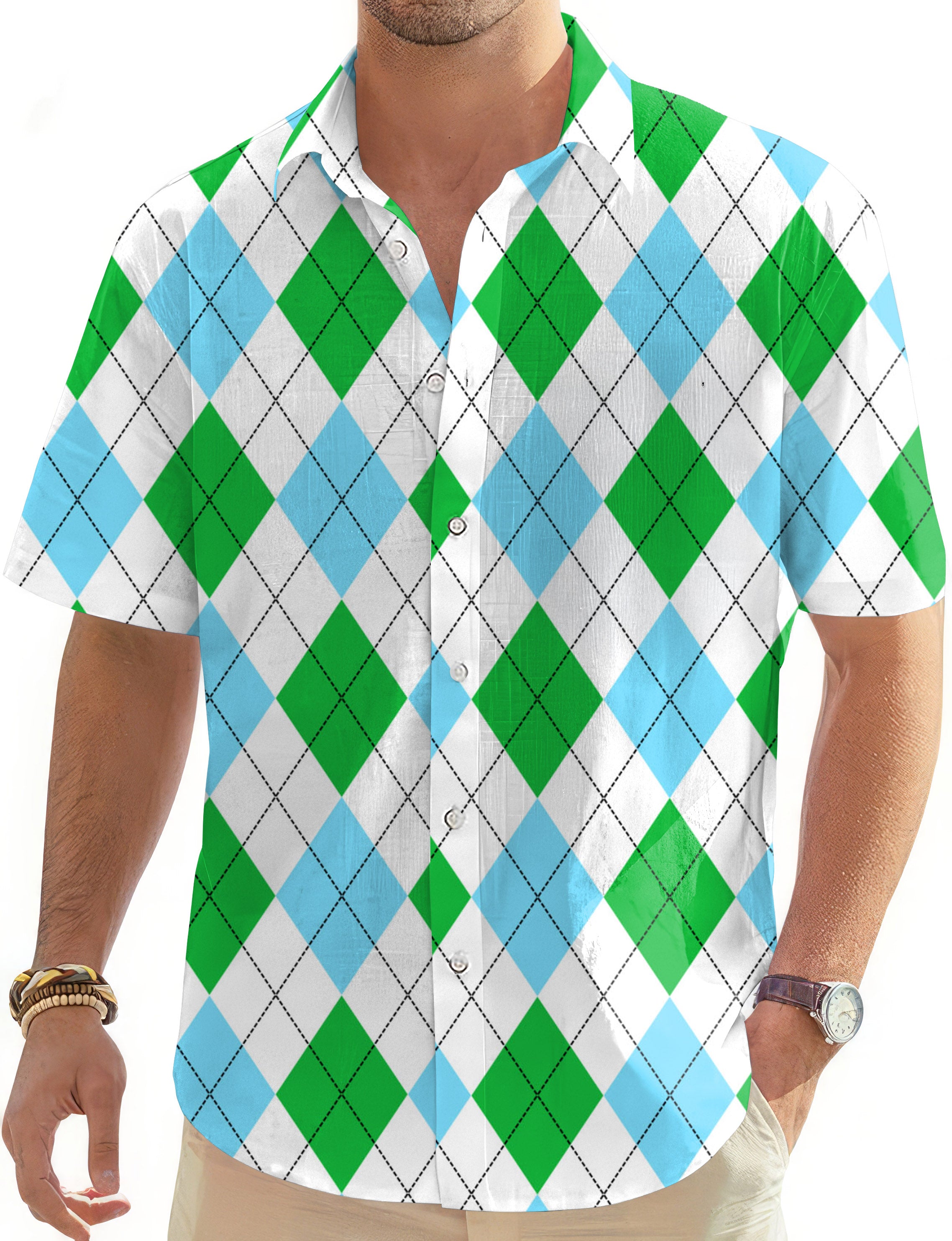 Green diamond grid-Men's Golf Hawaiian Shirts Button Down Shirt