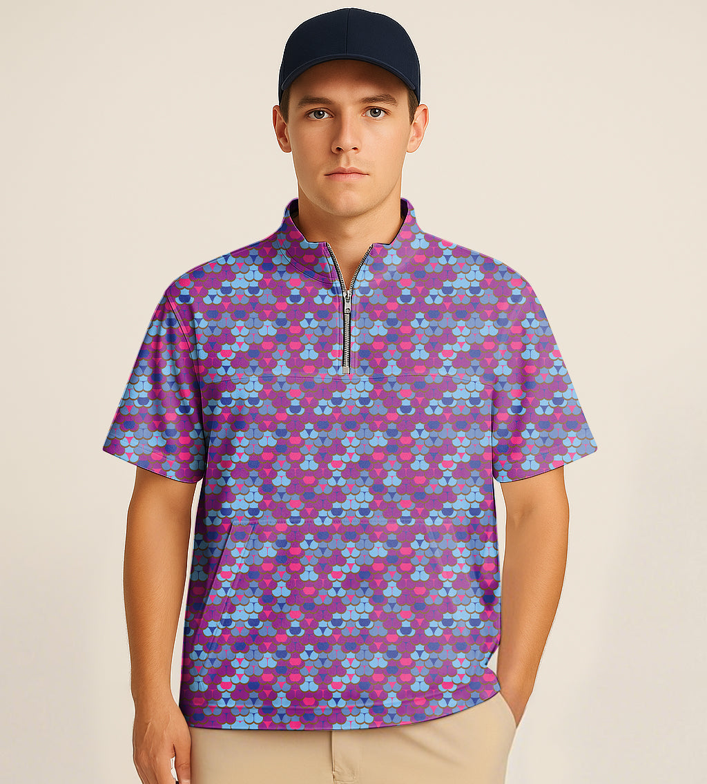 Half zipper turtleneck golf shirt with colorful world embroidery and short sleeves