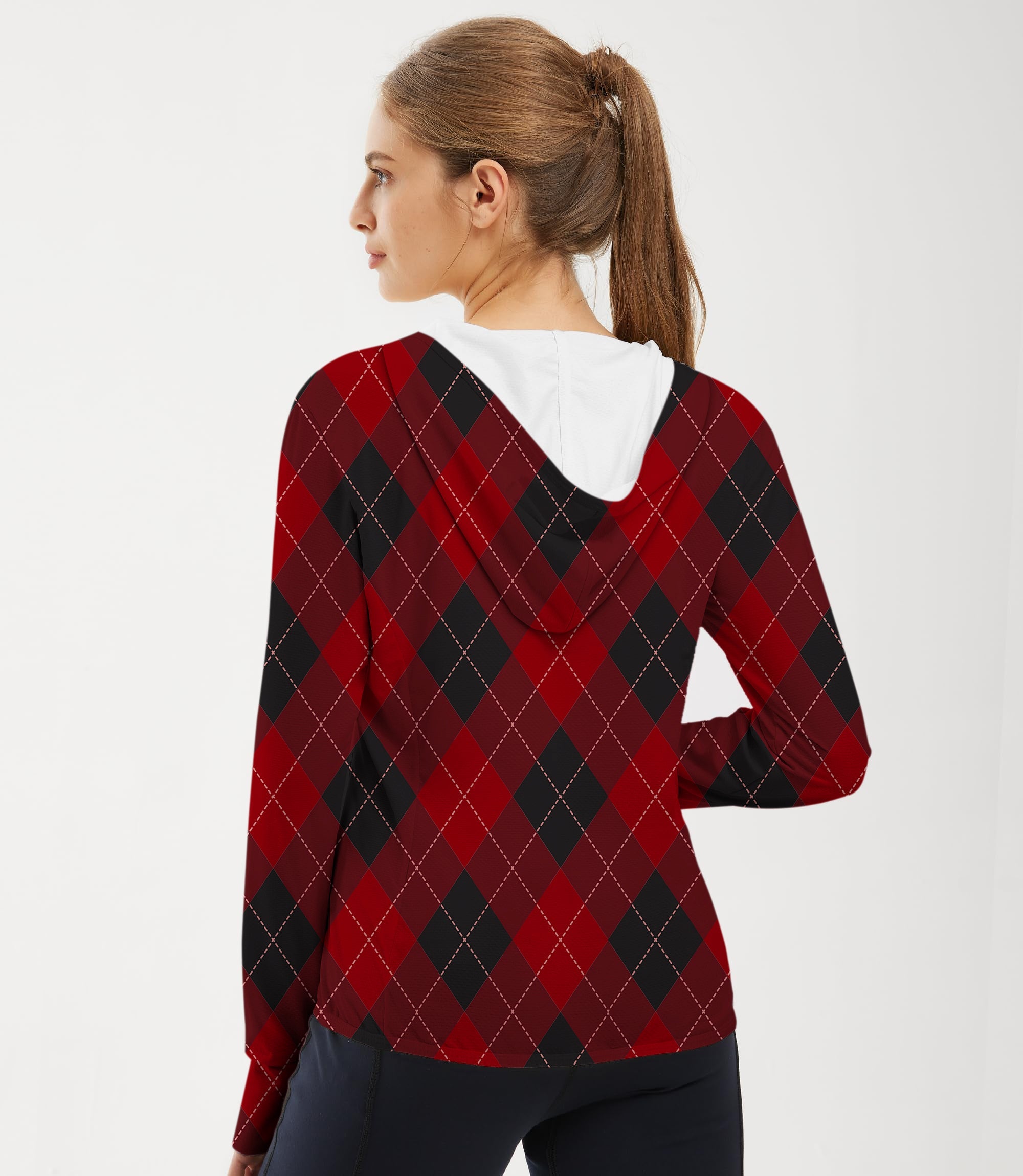 Women's outdoor red argyle slim fit golf sun protection zip hoodie with hood and thumb holes