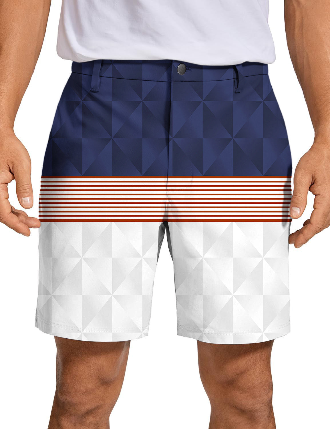 Men's stripe splicing golf shorts with navy, white geometric patterns, and red horizontal stripes, designed for sports and casual wear