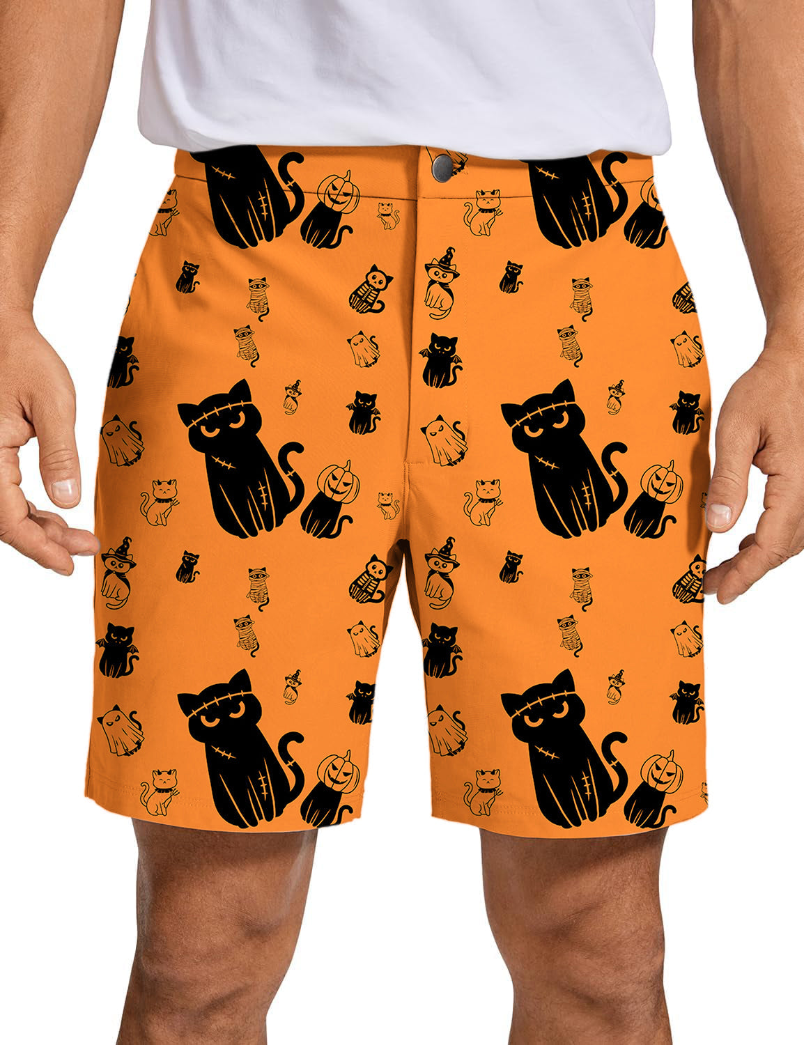 Men's Halloween golf shorts with cute black cat and pumpkin pattern on orange background