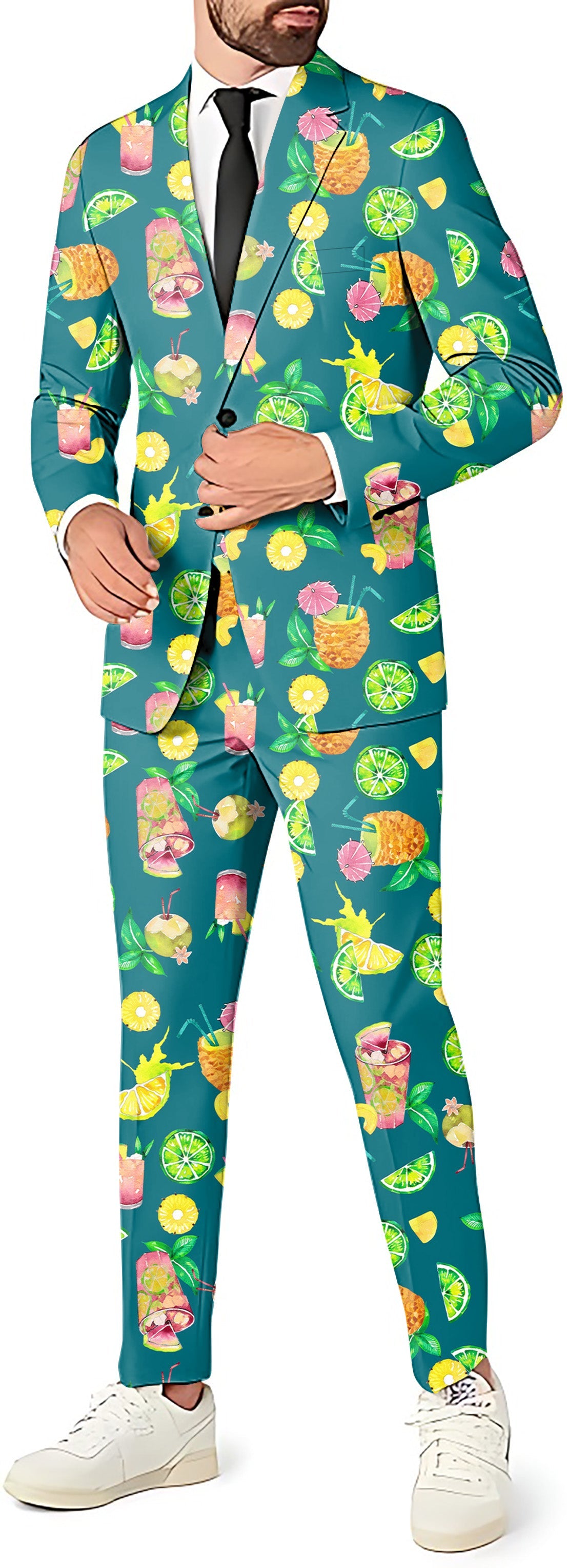 Tropical Paradise Men's party costume suit with blazer, pants, and vest featuring tropical fruit and cocktail print