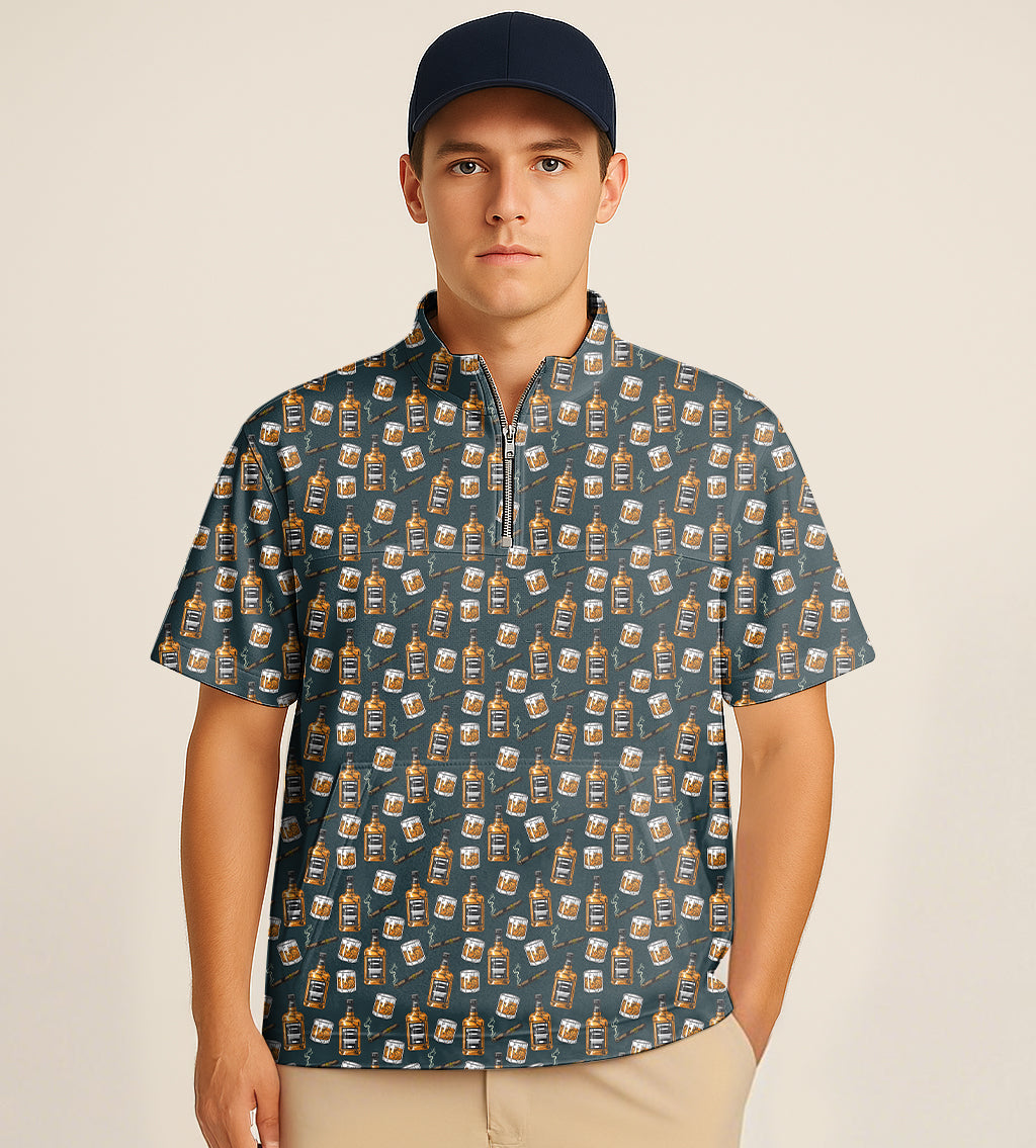 Men's half zipper turtleneck short sleeve golf shirt with patterned embroidery