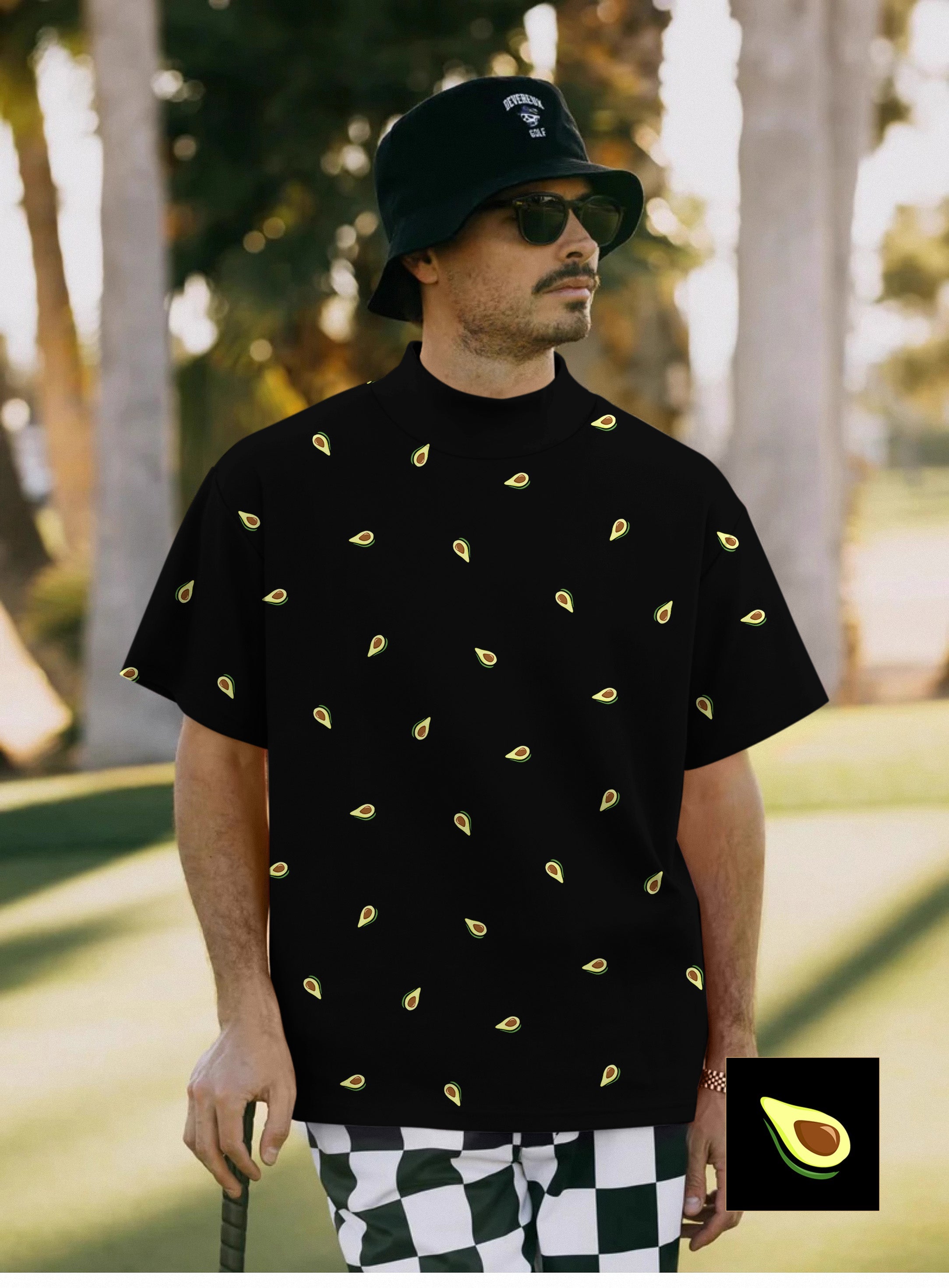 Men's Avocado Custom black pullover t-shirt with avocado print and high neck styling