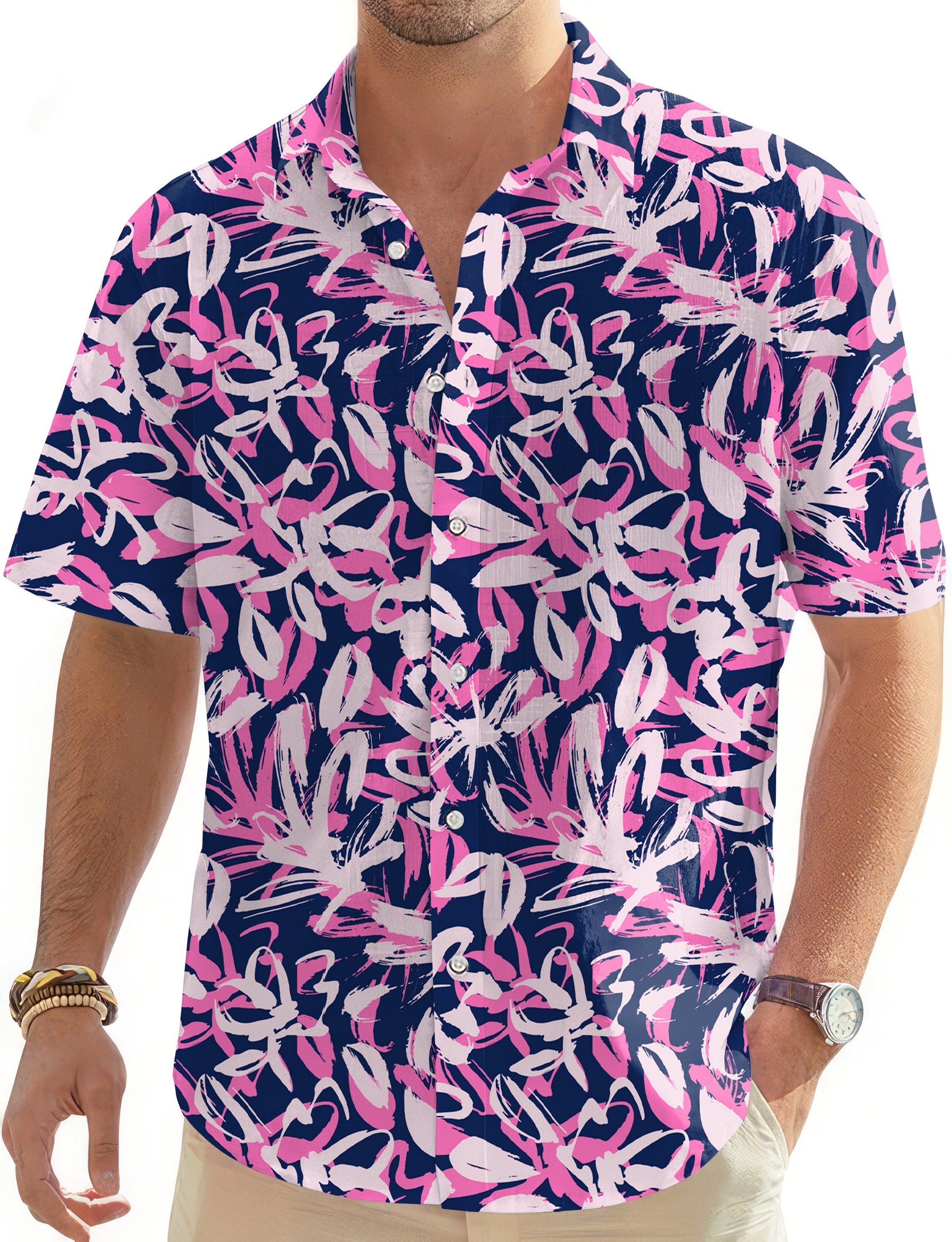 Draw Flowers Men's Hawaiian golf shirt with pink and white floral design on navy blue background