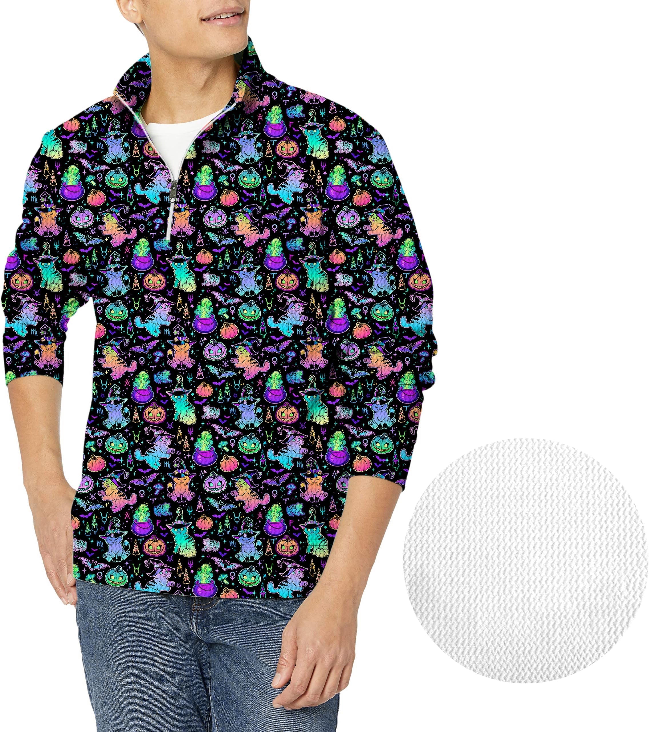 Men's Halloween Constellation Cat golf waffle zipper pullover with colorful festive print