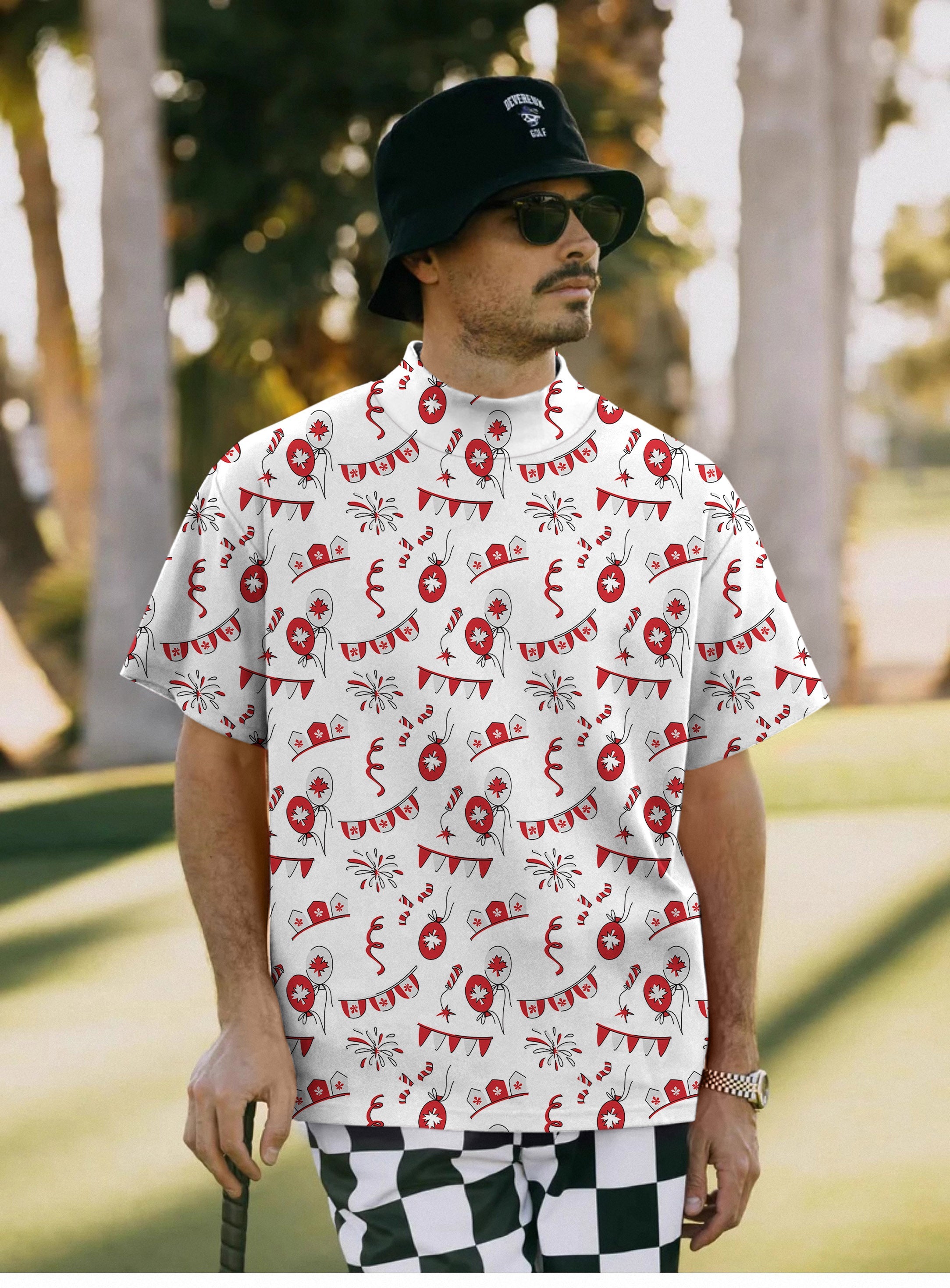 Men's Canadian Flag pullover shirt with high neck and short sleeves featuring Canadian celebration designs