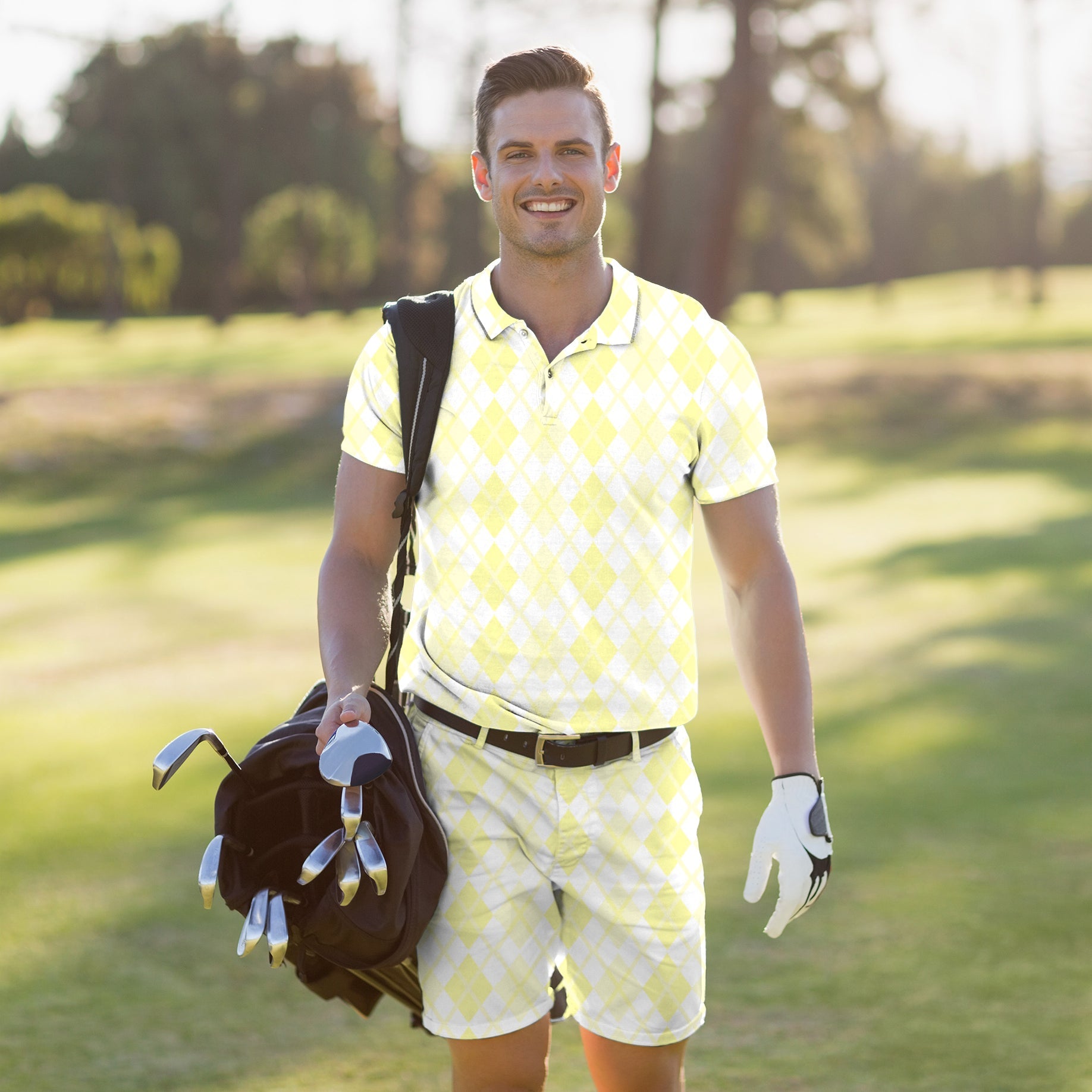 Men's Golf Set polo and shorts in yellow argyle grid pattern with moisture-wicking, stretchy fabric and UPF 40+ protection