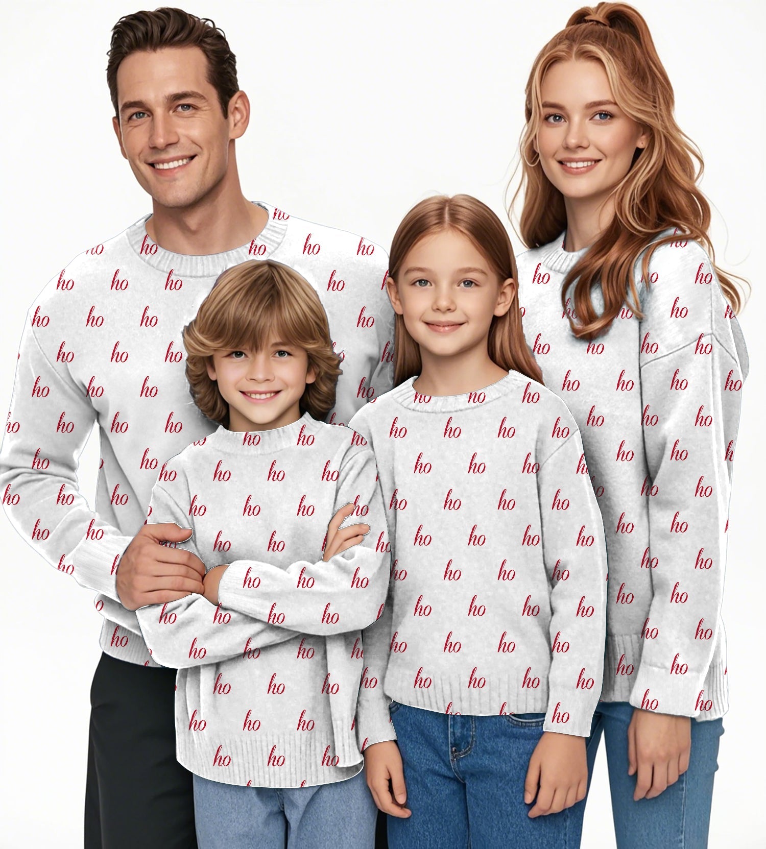 white custom name Christmas crewneck pullover ugly sweater for men women and kids family matching set