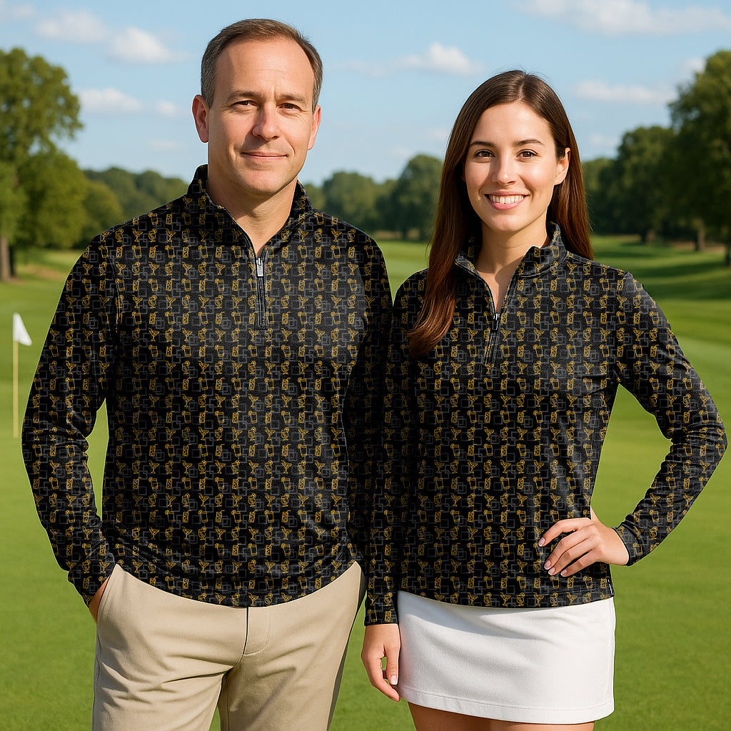 Couple wearing Cocktail drink Couple Golf 3/4 zip top long sleeves on golf course