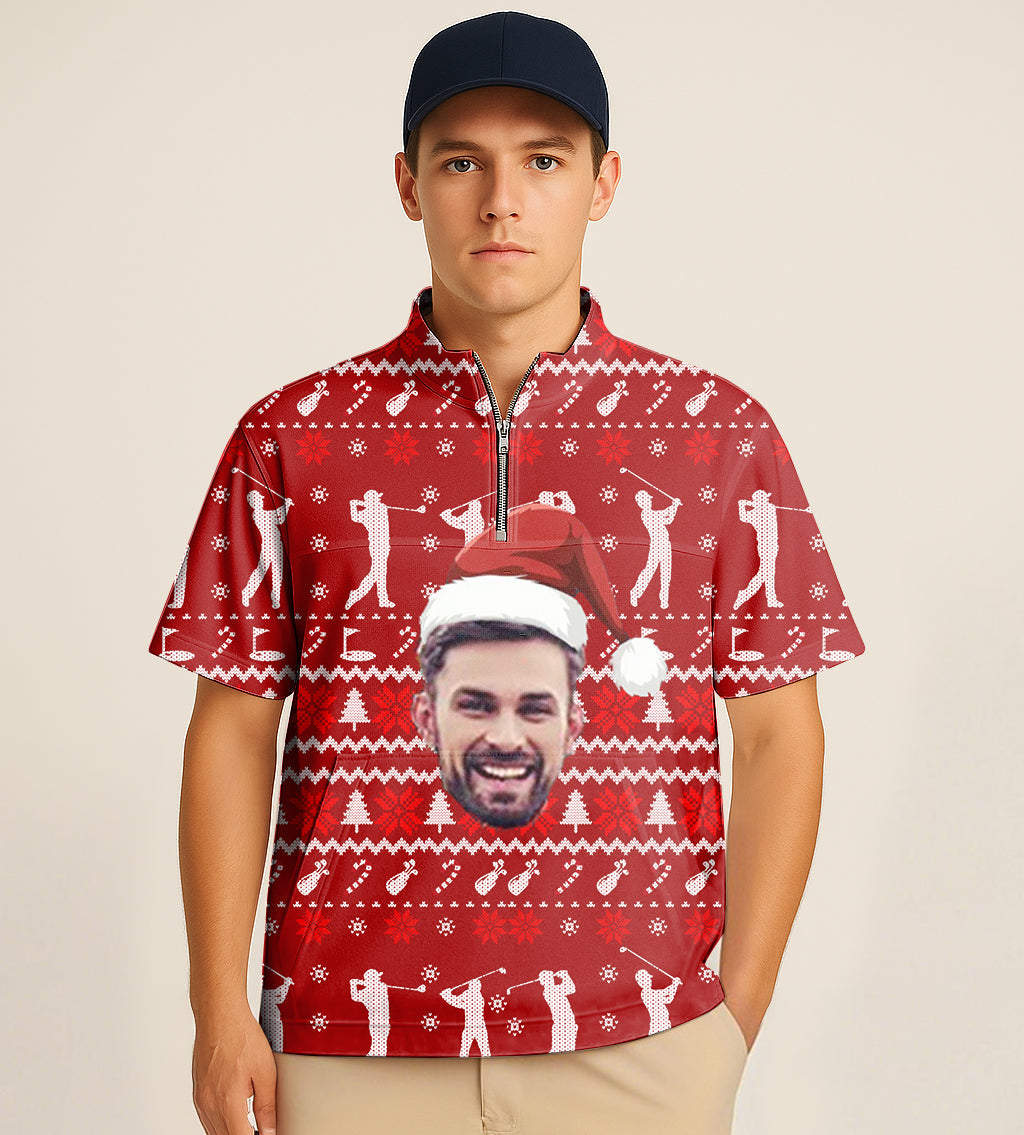 Half zipper turtleneck golf shirt with custom face and Christmas design embroidery