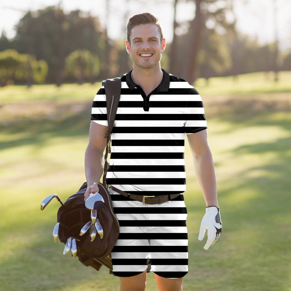 Men's Golf Set Polo+Shorts Black and white horizontal stripes