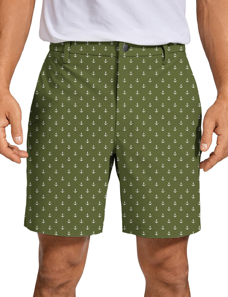 Men's dark green golf shorts with white anchor pattern, quick-dry, lightweight, and wrinkle-free design