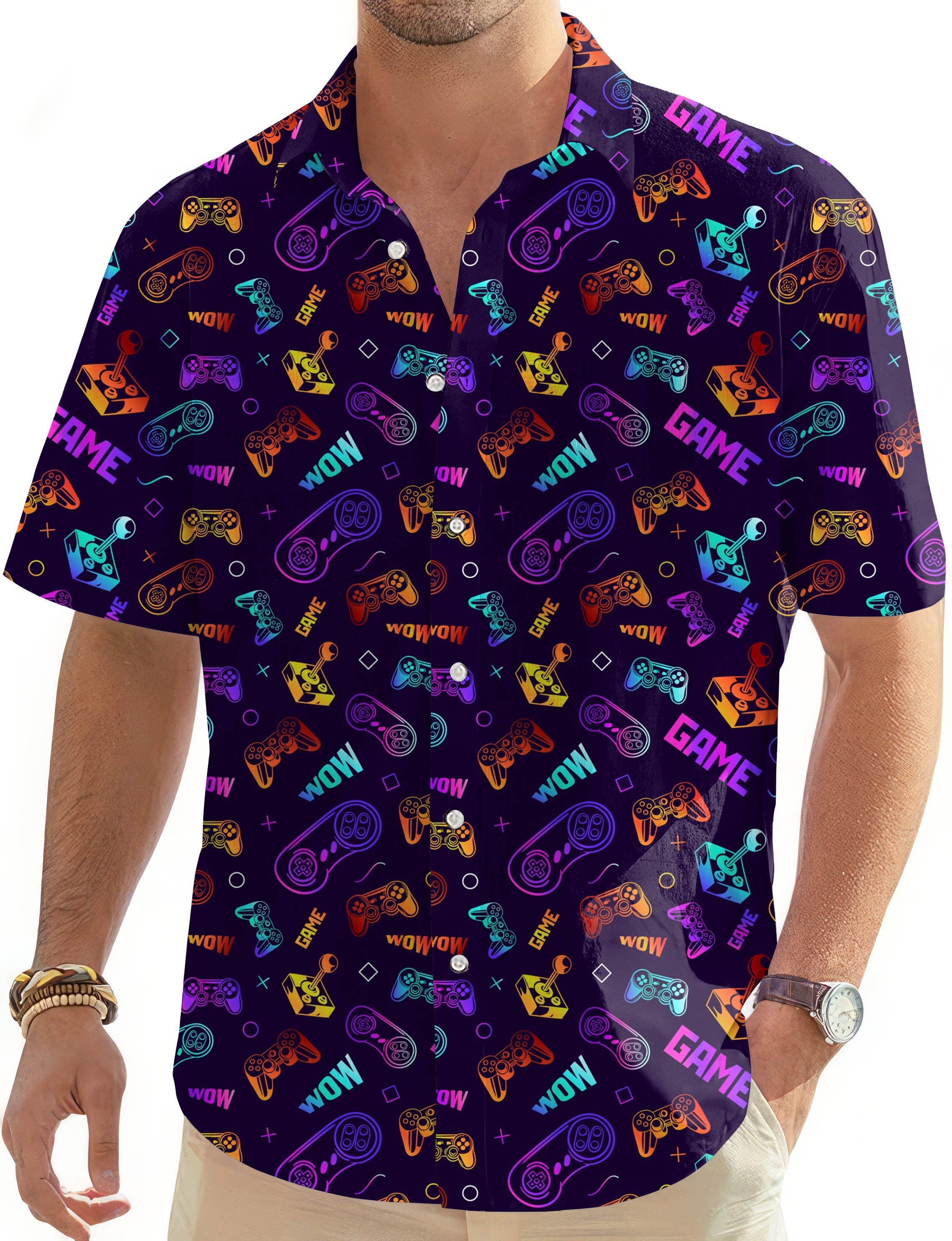 Men's neon gamepad Hawaiian shirt with colorful gaming controllers and button-down design