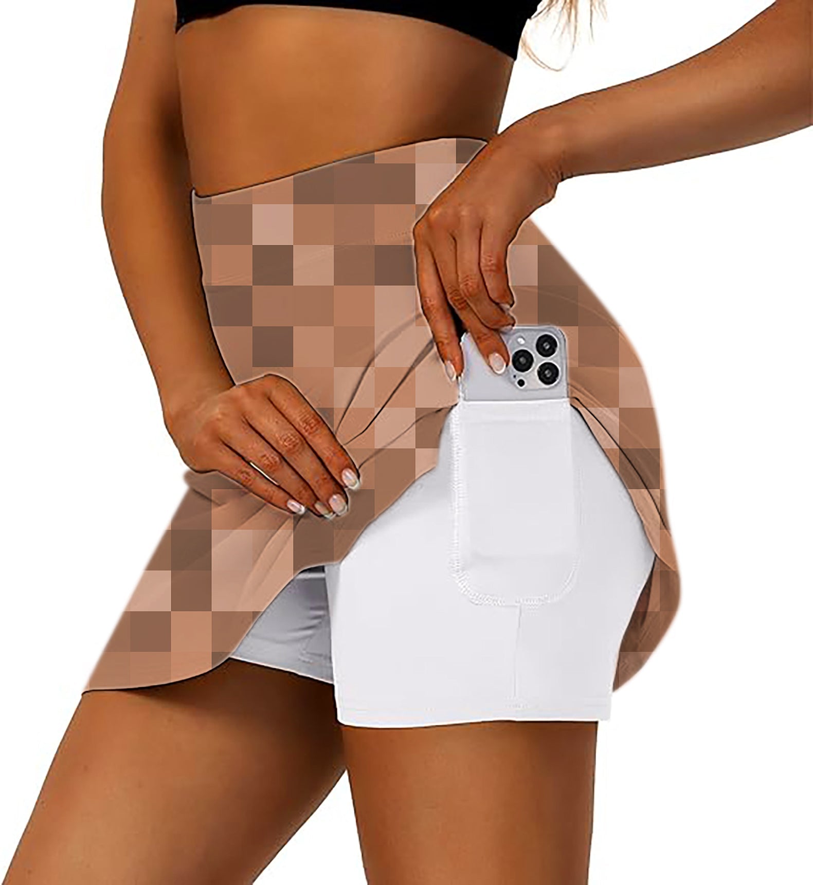 Brown Pixel Big women's athletic golf skorts with flared skirt and side pocket for phone