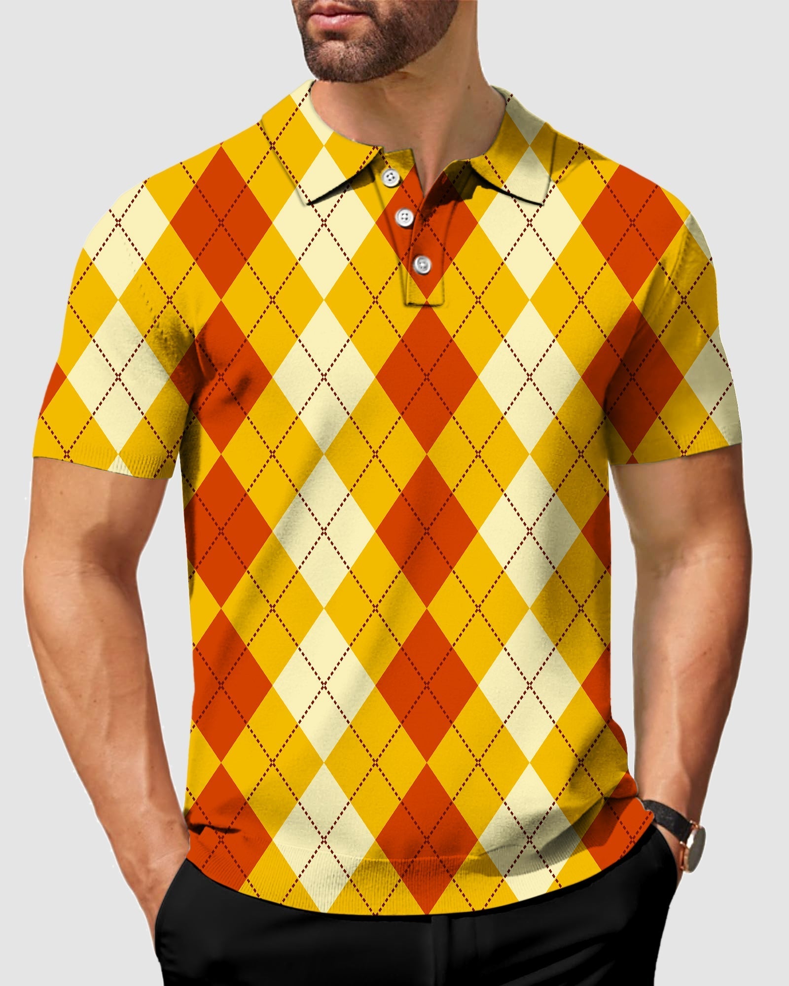Men's Halloween light yellow and red argyle polo shirt with four-way stretch and moisture-wicking fabric