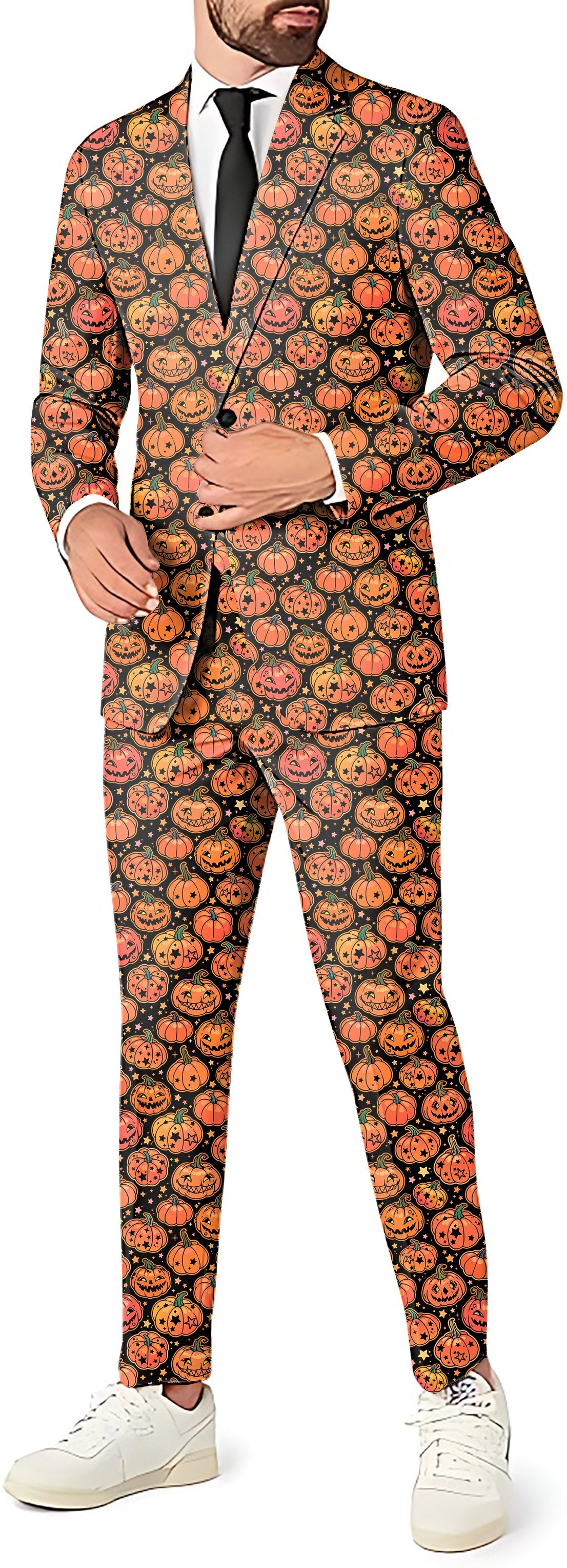 Halloween Star Pumpkin men’s party costume suit with pumpkin pattern blazer, pants, and vest for theme parties