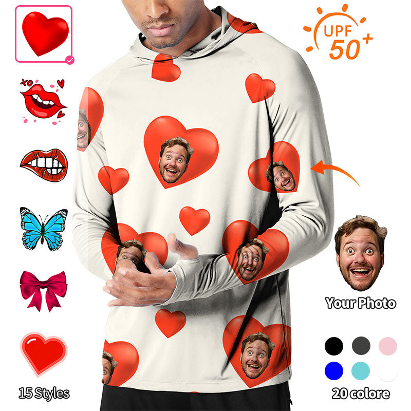 Valentine's Day Men's Outdoor Custom Photo Face Custom Color White Love Golf Sun Protection Slim Fit Hoodies