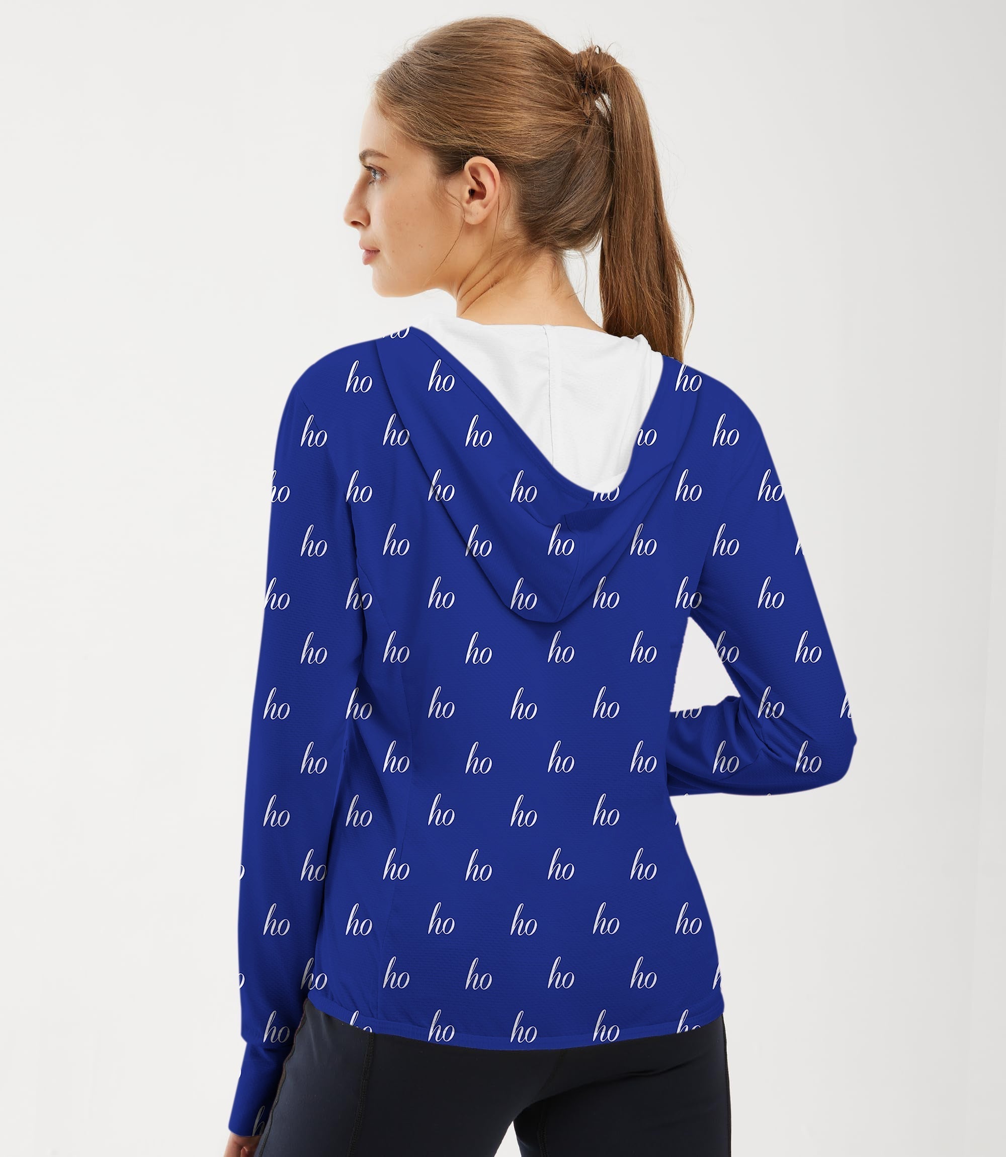 Women's outdoor blue slim fit zip hoodie with custom name and Christmas "ho ho" design, made of lightweight sun protection fabric with thumb holes.