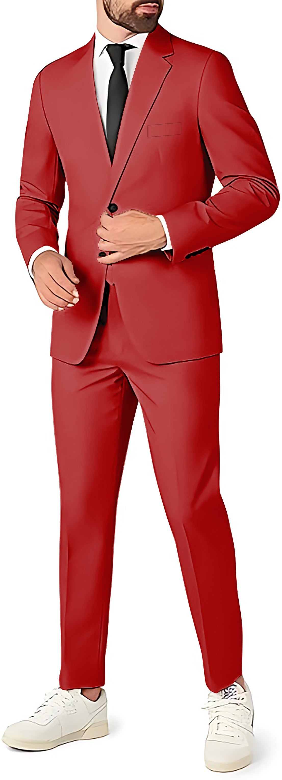 Men's red slim fit party costume suit set with blazer, pants, and vest for festive events