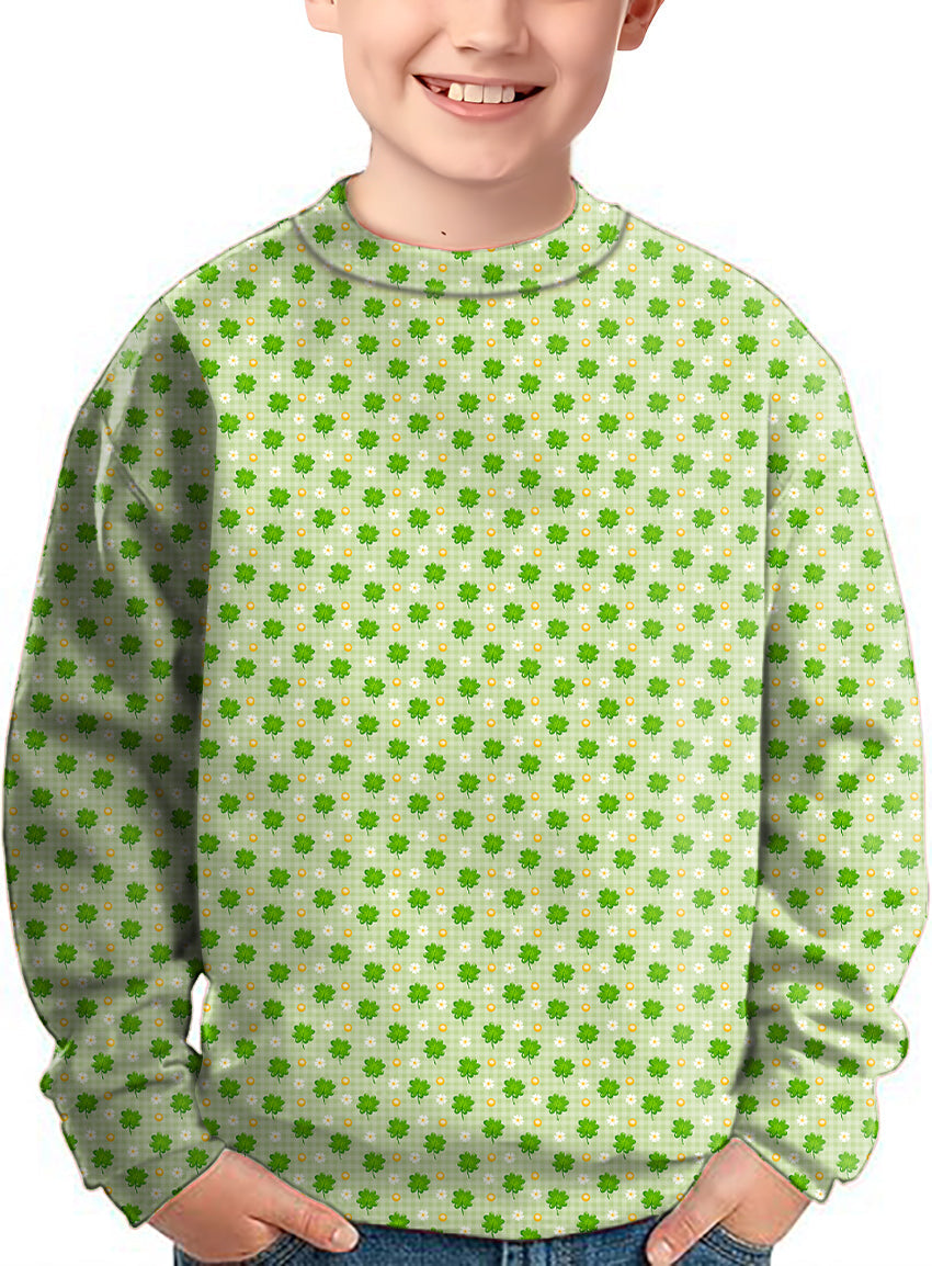 Kids St. Patrick's Day pullover with green leaf clover pattern