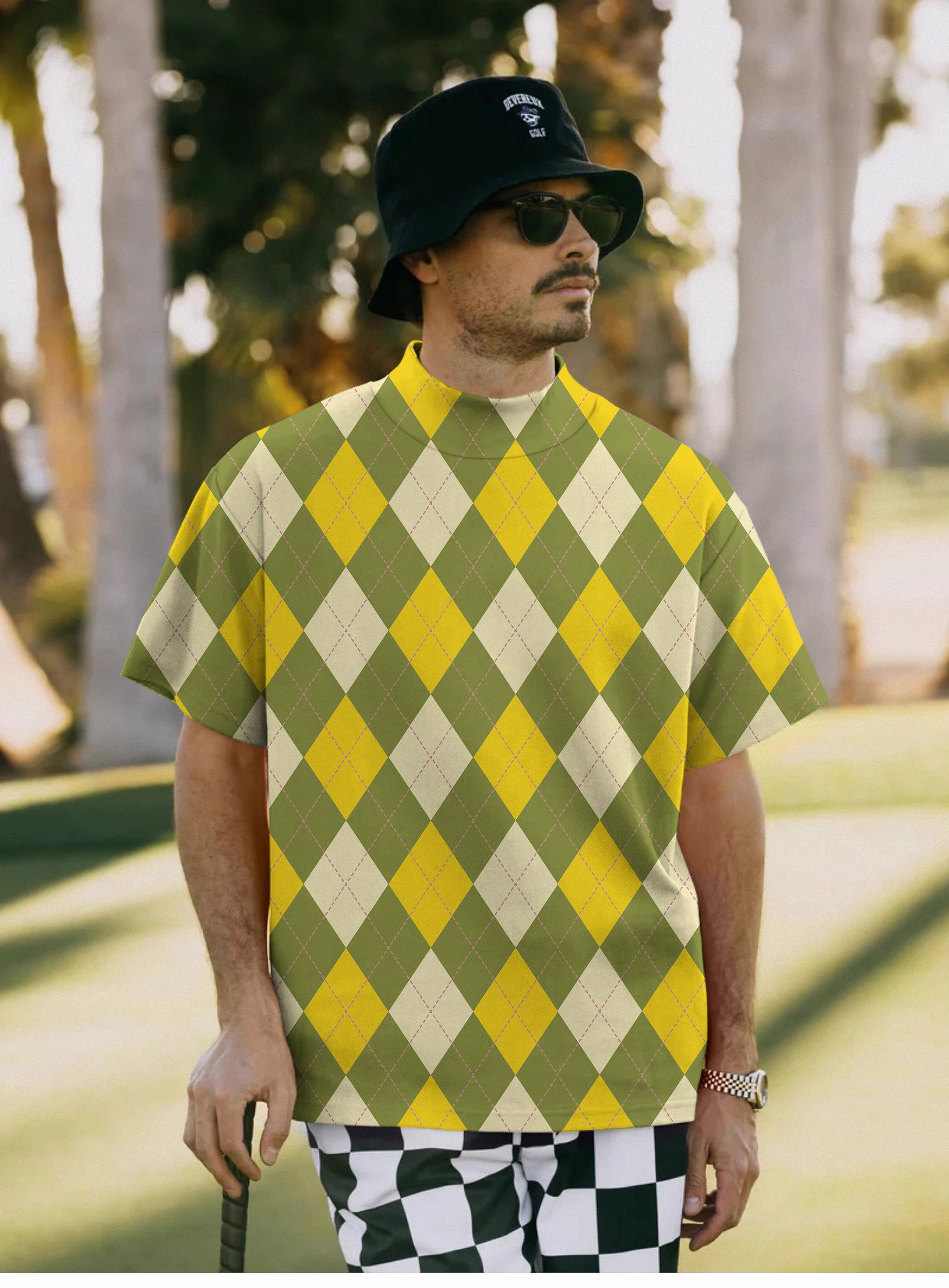 Men's Yollow Argyle Pullover High neck Long/Short sleeve T-Shirt