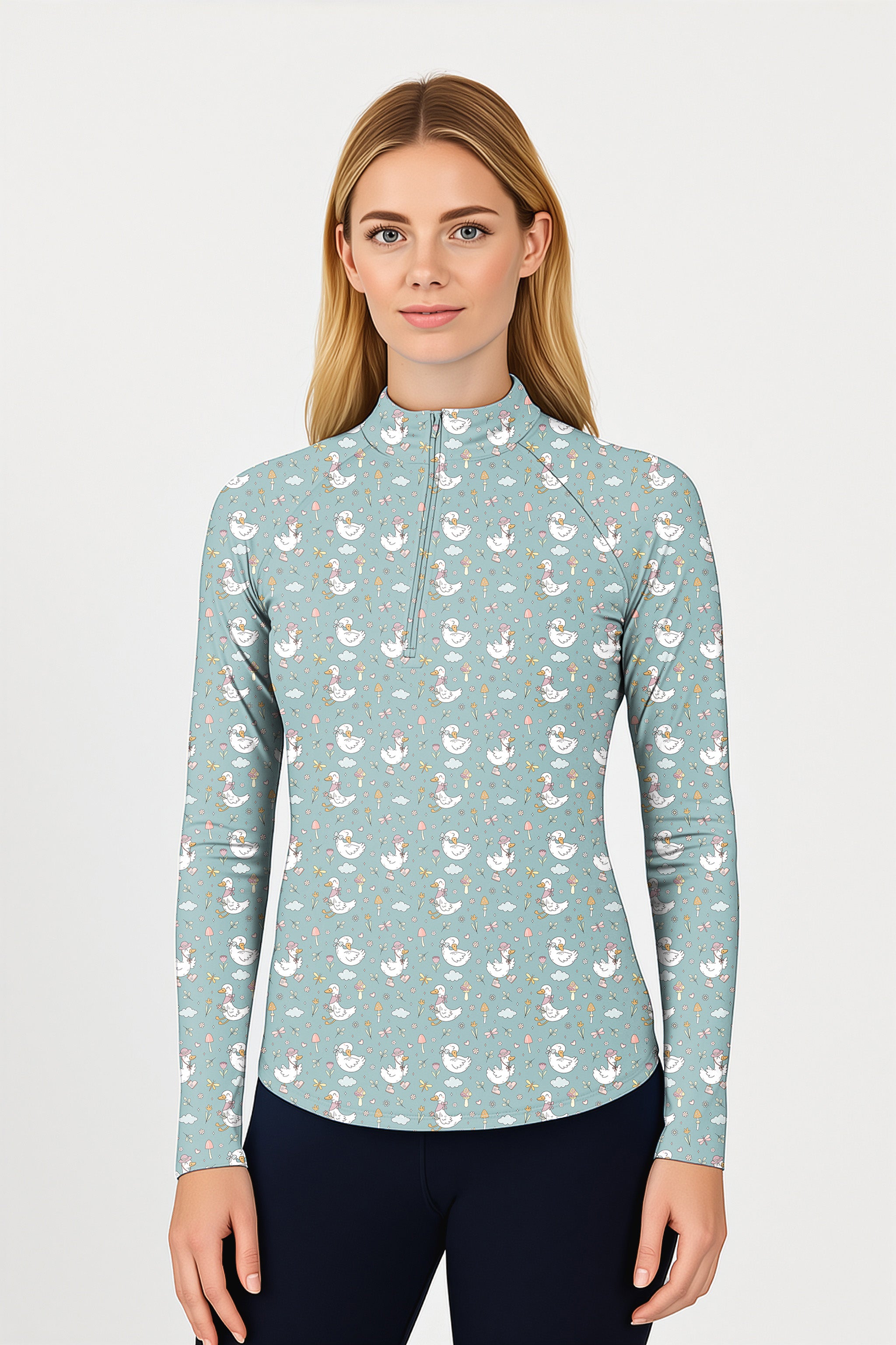 Cute Duck Floral Women's Golf Active 3/4 Zipper Top Long Sleeves