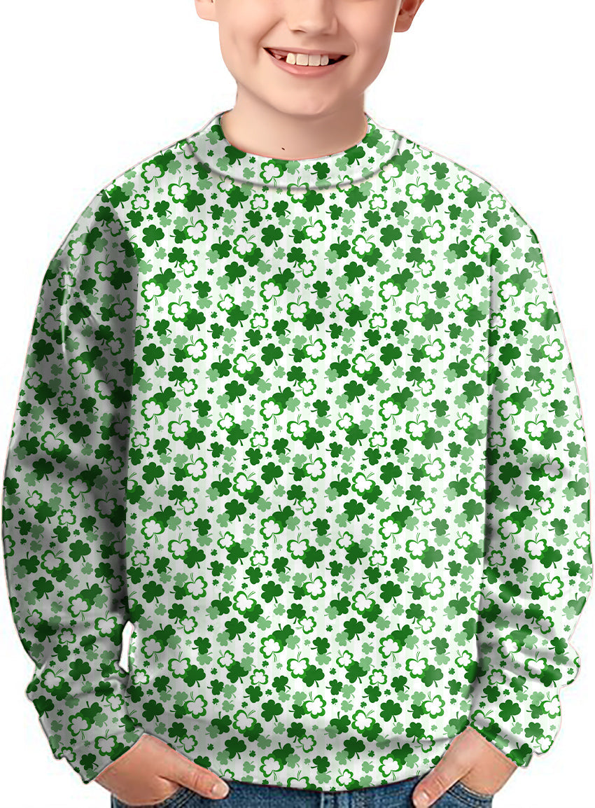 Kids St. Patrick's Day crewneck pullover sweater with green clover leaf pattern