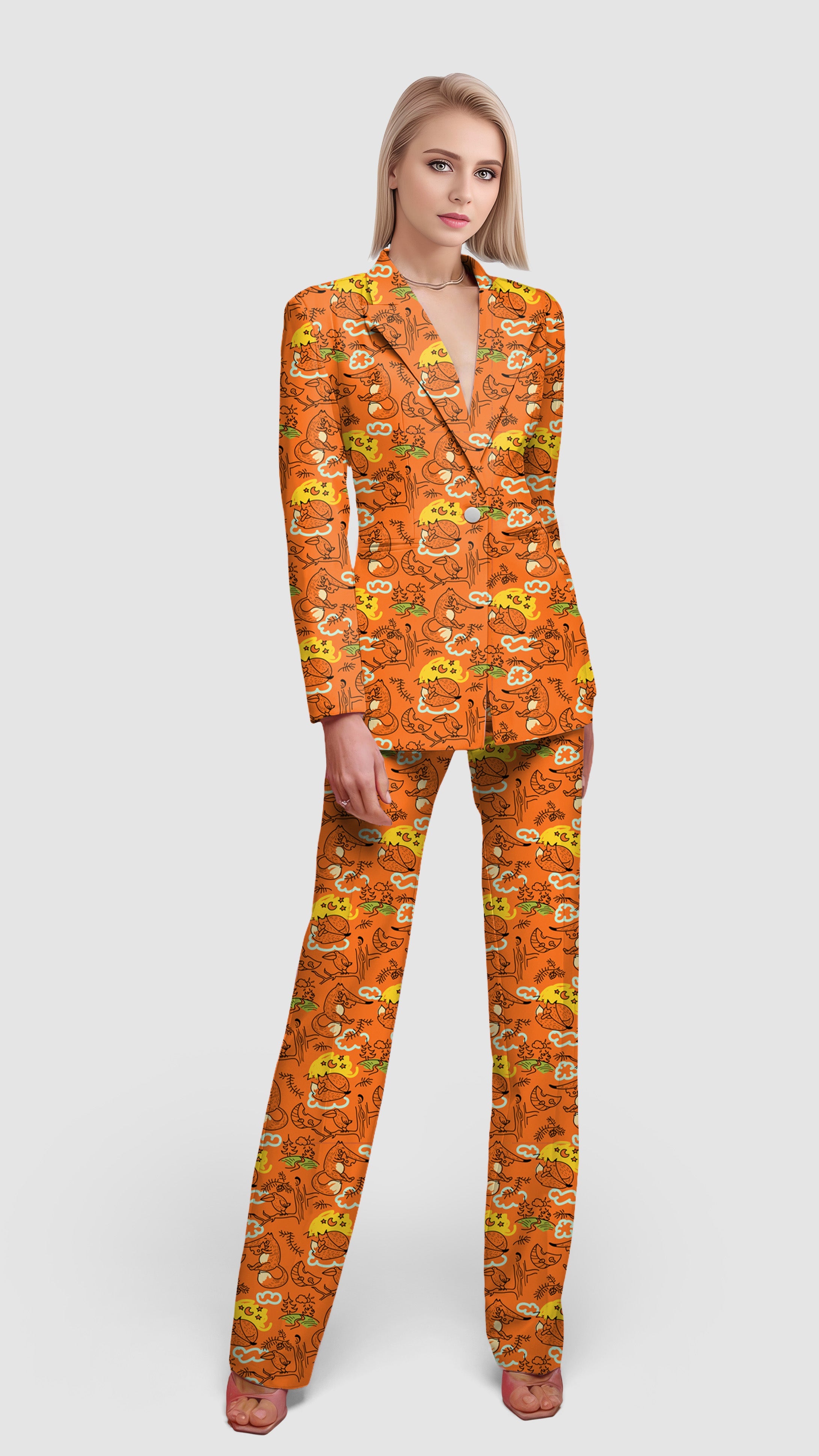 Lazy fox women's blazer and pants suit set with orange Halloween pattern for casual work and office wear