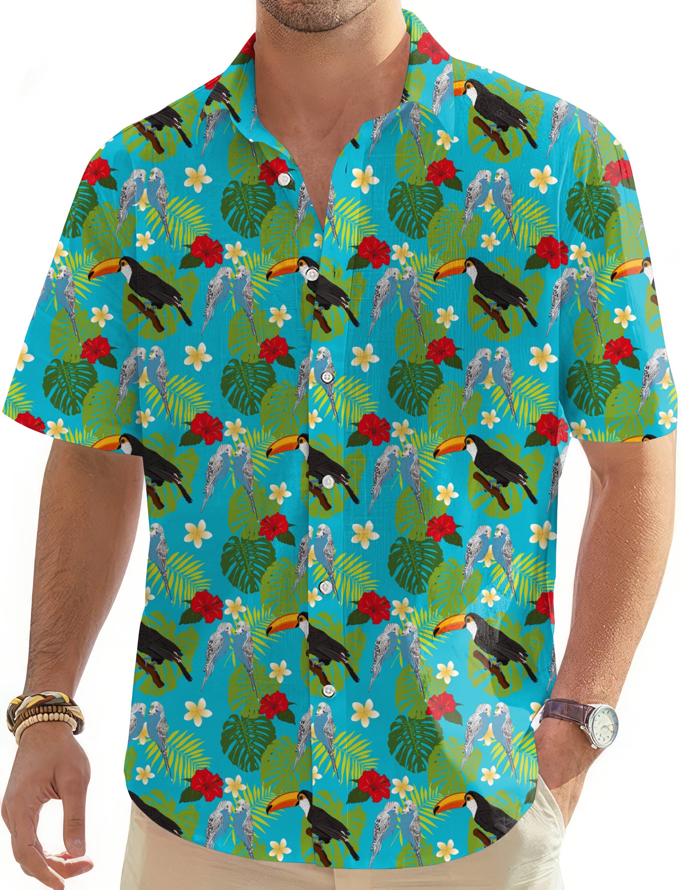 Men's Flamingo tropical print Hawaiian button-down golf shirt with short sleeves and classic collar