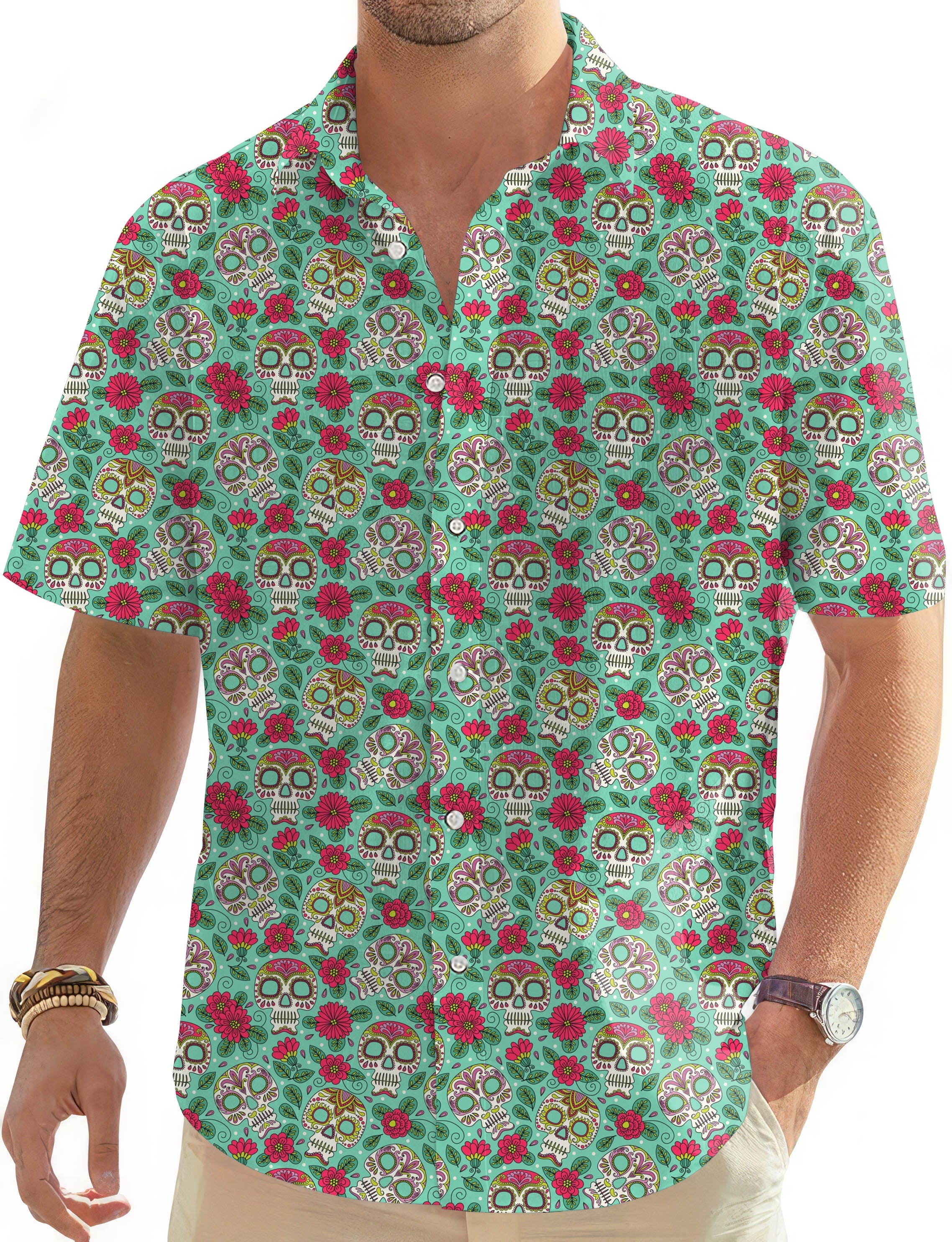 Men's Hawaiian skull and rose print button-down golf shirt with short sleeves