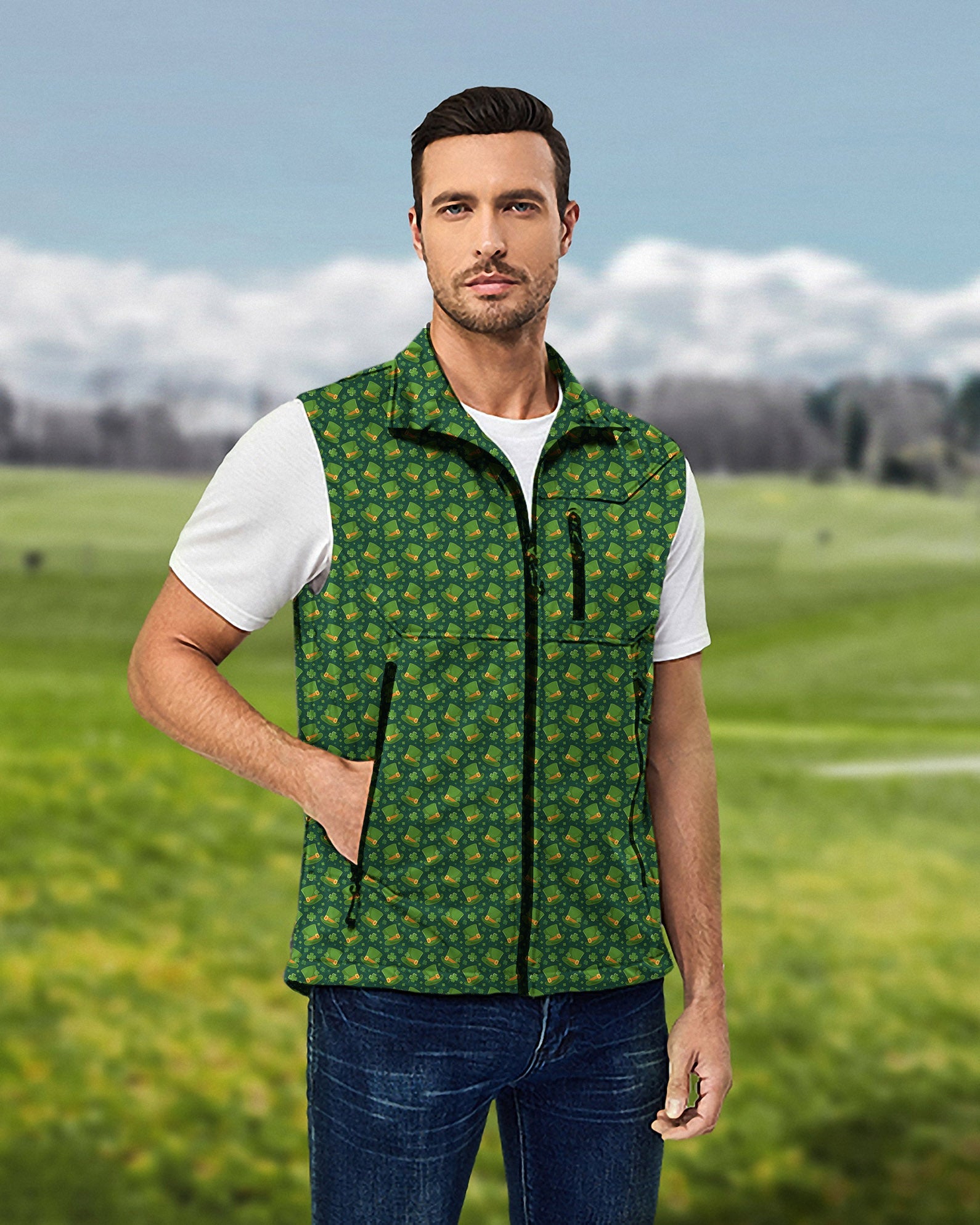 Men's Leprechaun hat themed green softshell sleeveless vest with clover leaf pattern for St. Patrick's Day golf windproof waterproof jacket