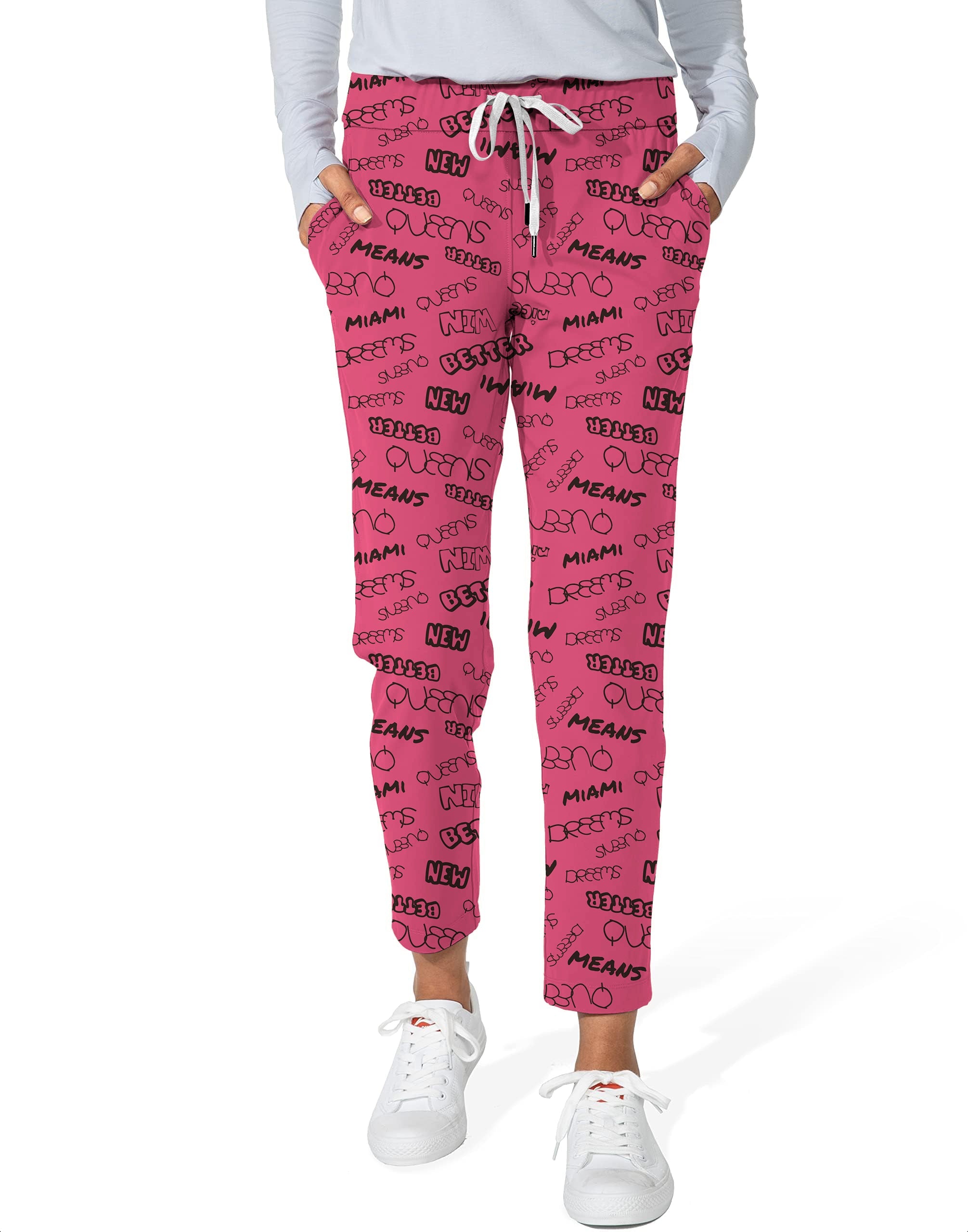New Better Miami Women's stretch ankle golf pants with pink graffiti print and drawstring waist
