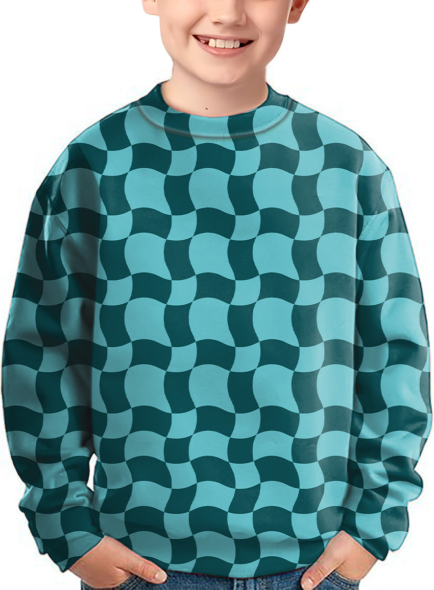 Wavy SquareTanjirou Crewneck kids pullover with teal wavy square pattern